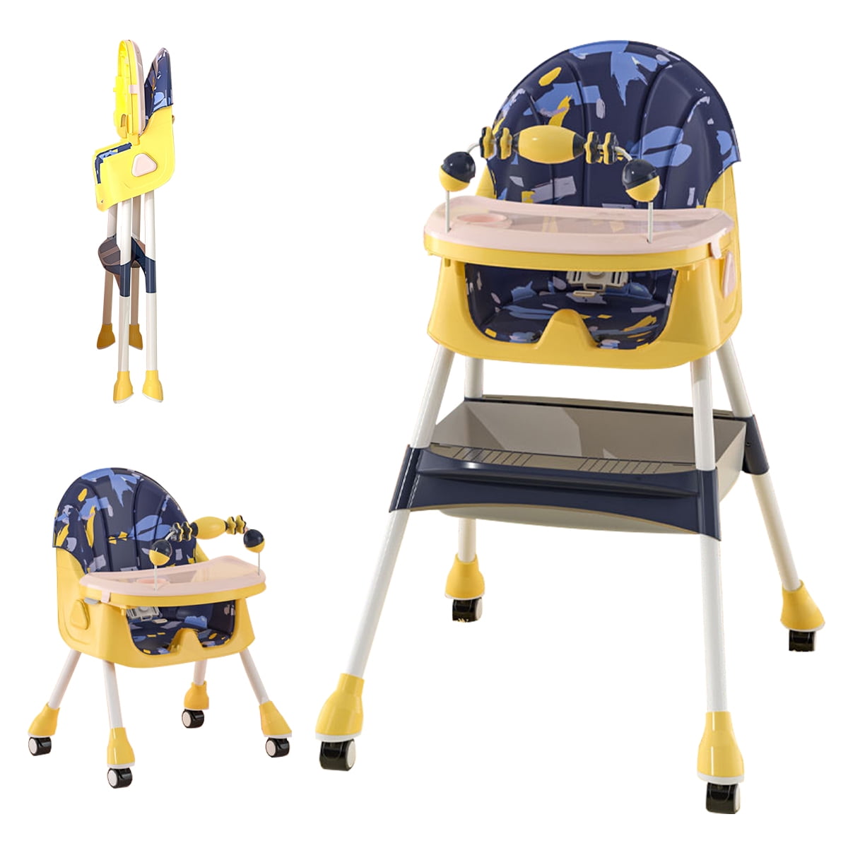 PUEDO 4-in-1 Baby High Chair Portable Toddler Dining Chairs Eat & Play Convertible Highchair with Adjustable Tray, Yellow & Blue