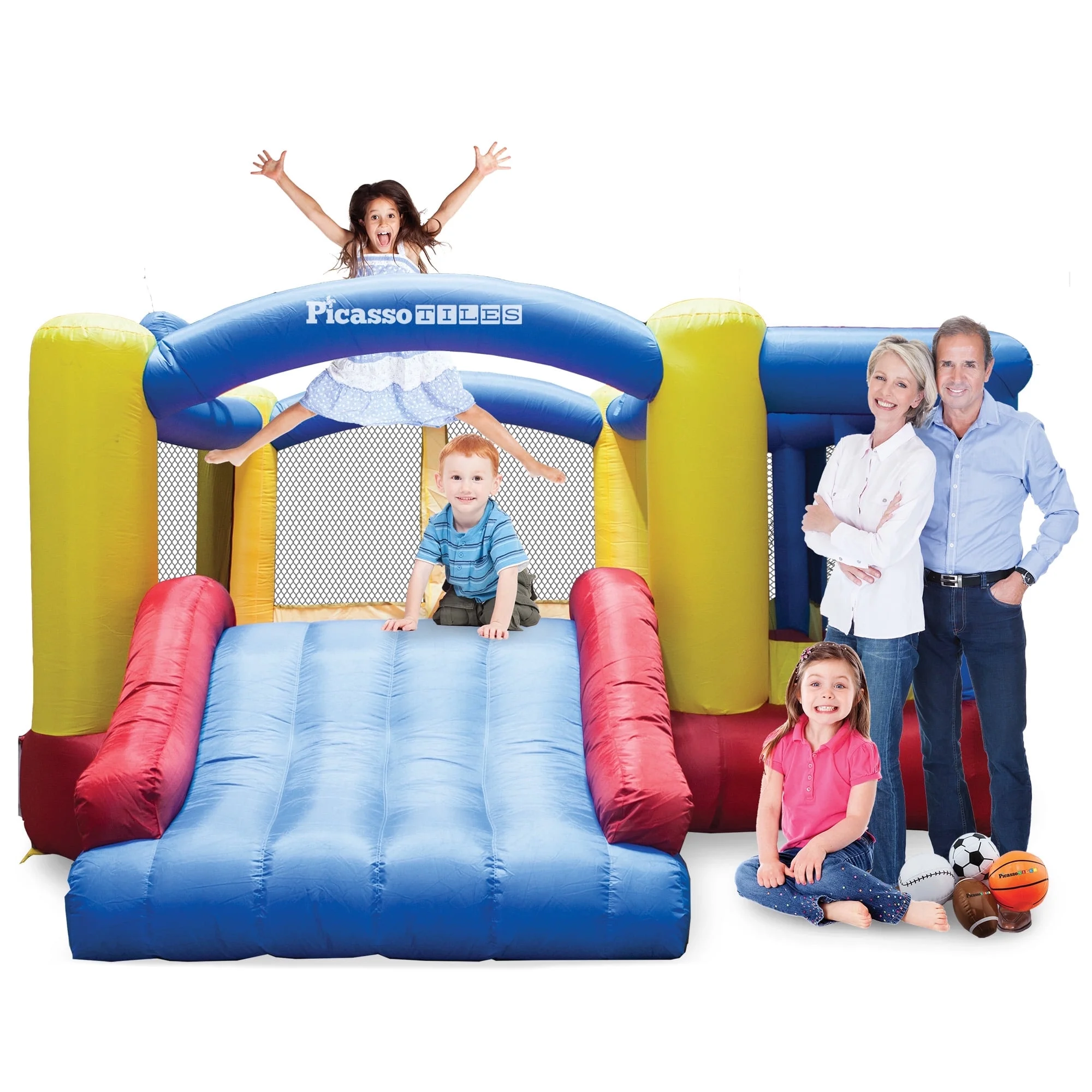 PICASSO-TILES Outdoor Inflatable Bouncer, Bounsing House, Jump Slide Dunk Playhouse with Basketball Rim, 4 Sports Balls, Full Size Entry, 580W ETL Certified Blower
