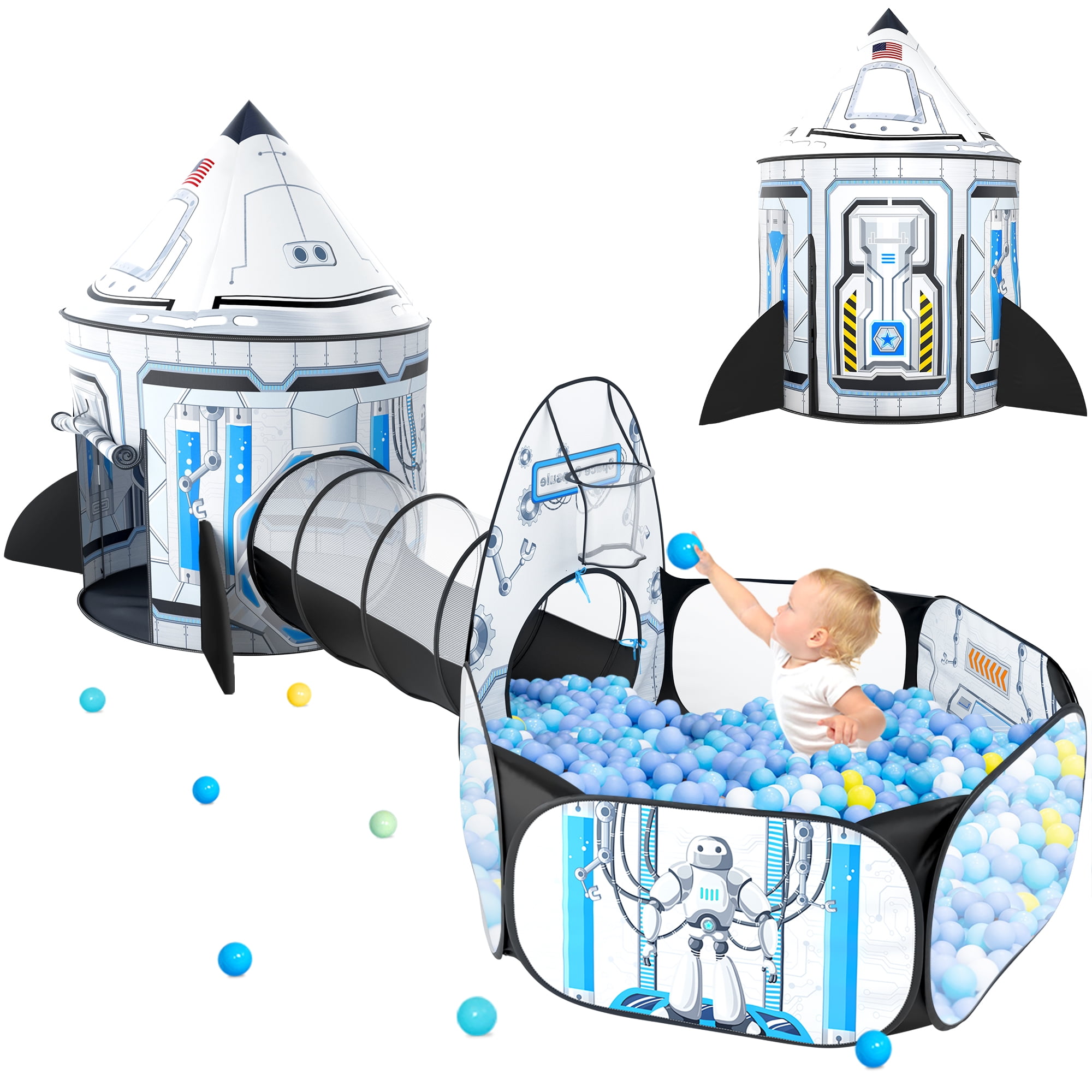PigPigPen 3pc Spaceship Ball Pit Tent for Toddlers with Play Tunnel Polyester Playhouse Indoor Outdoor