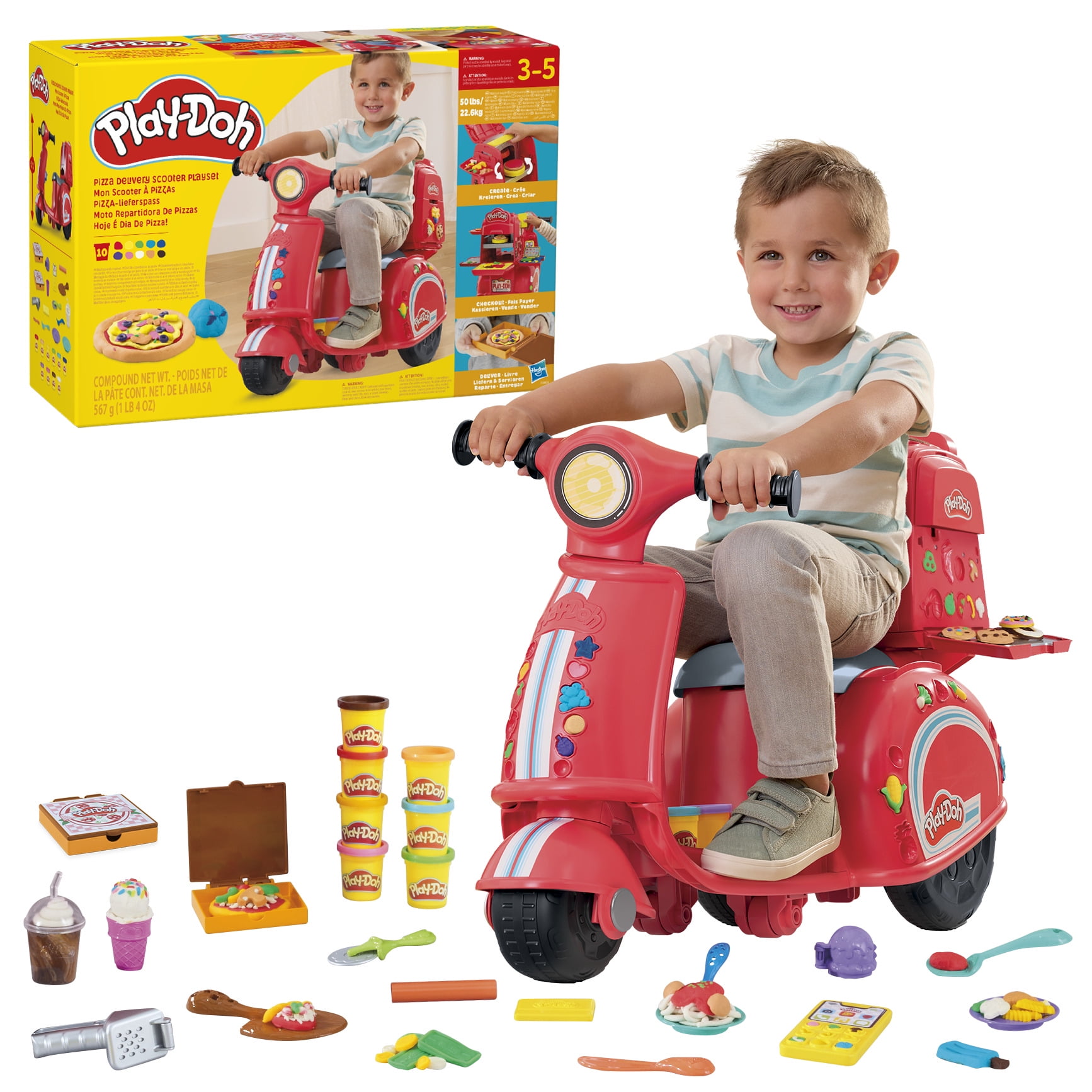 Play-Doh Pizza Delivery Scooter Playset, Large Ride-On Play Toys for Ages 3-5, Max Weight 50 lbs/22.6 Kg