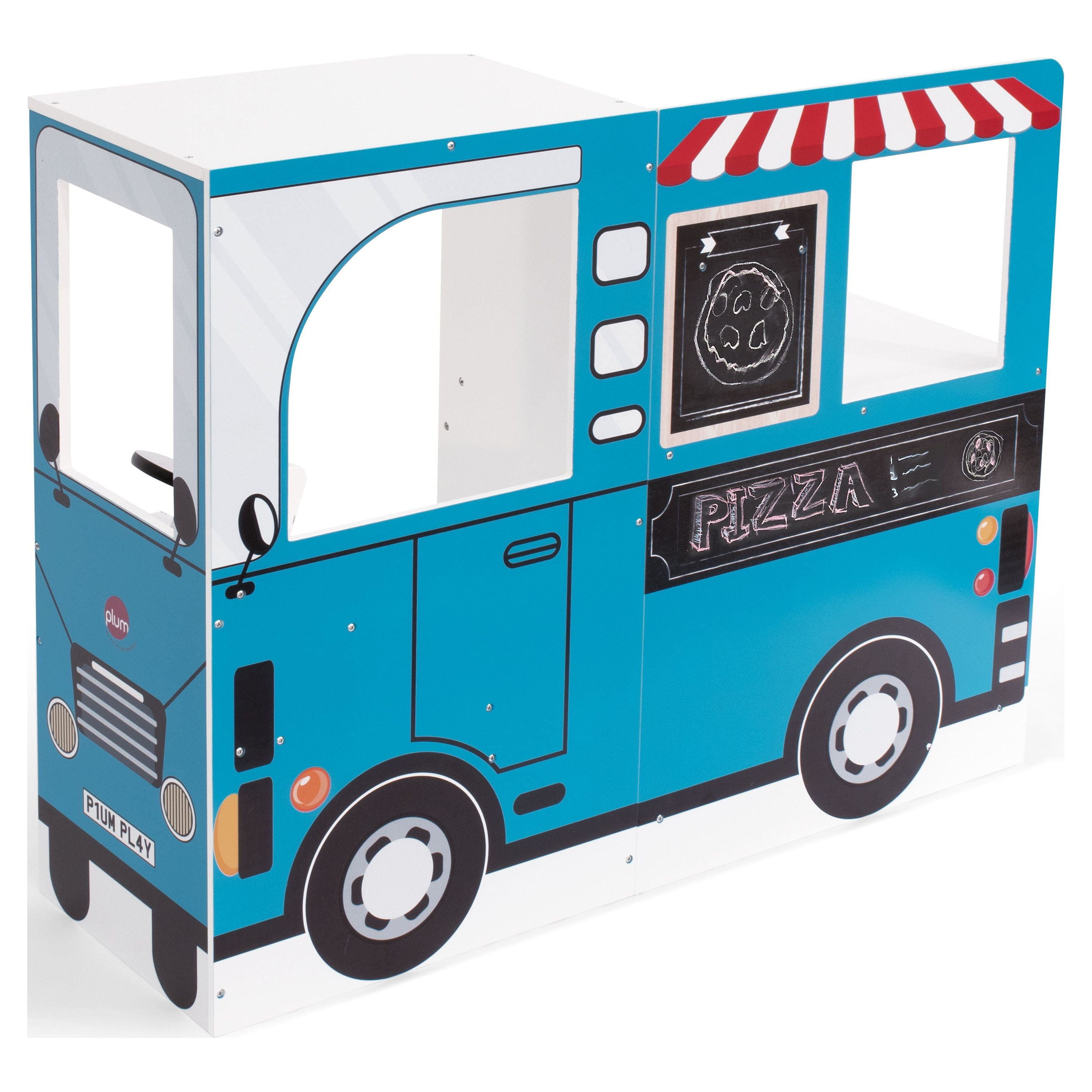 Plum Play 3-in-1 Wooden Street Food Truck and Kitchen with Driving Cab, #41108AD83, Light-Up Burners with Sound, Kitchen Utensils. 41.33" x 12" x 31.5"