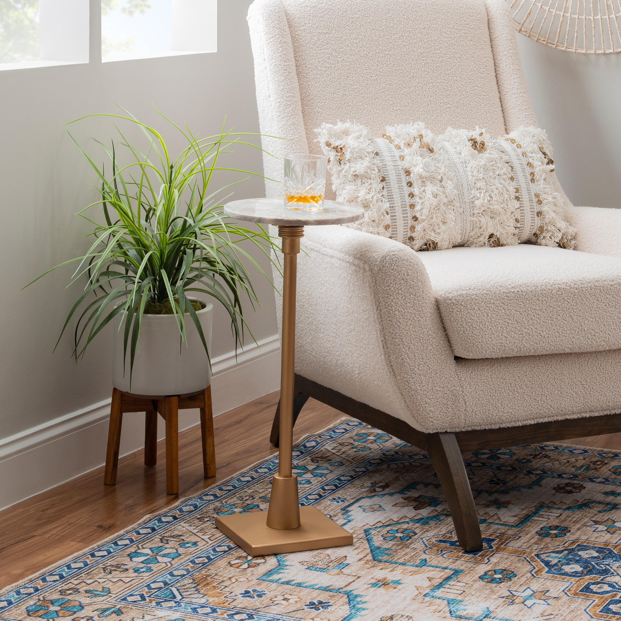 Powell Barra Round Adjustable Height Indoor Accent Drink Table, 25-30" Tall, Gold/Sandy Marble