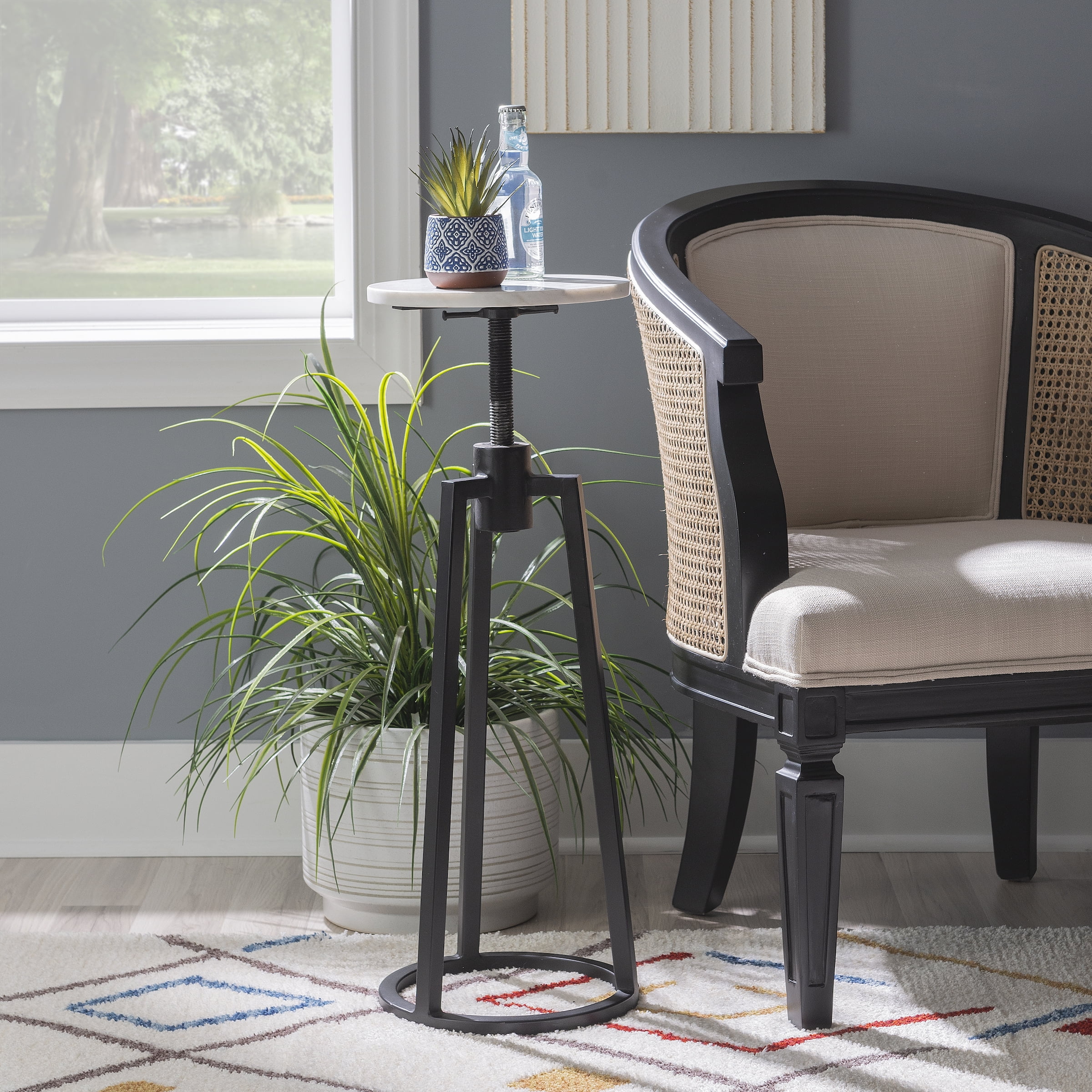 Powell Bowers Round Adjustable Height Drink Table, 25-30" Tall, Black/White Marble