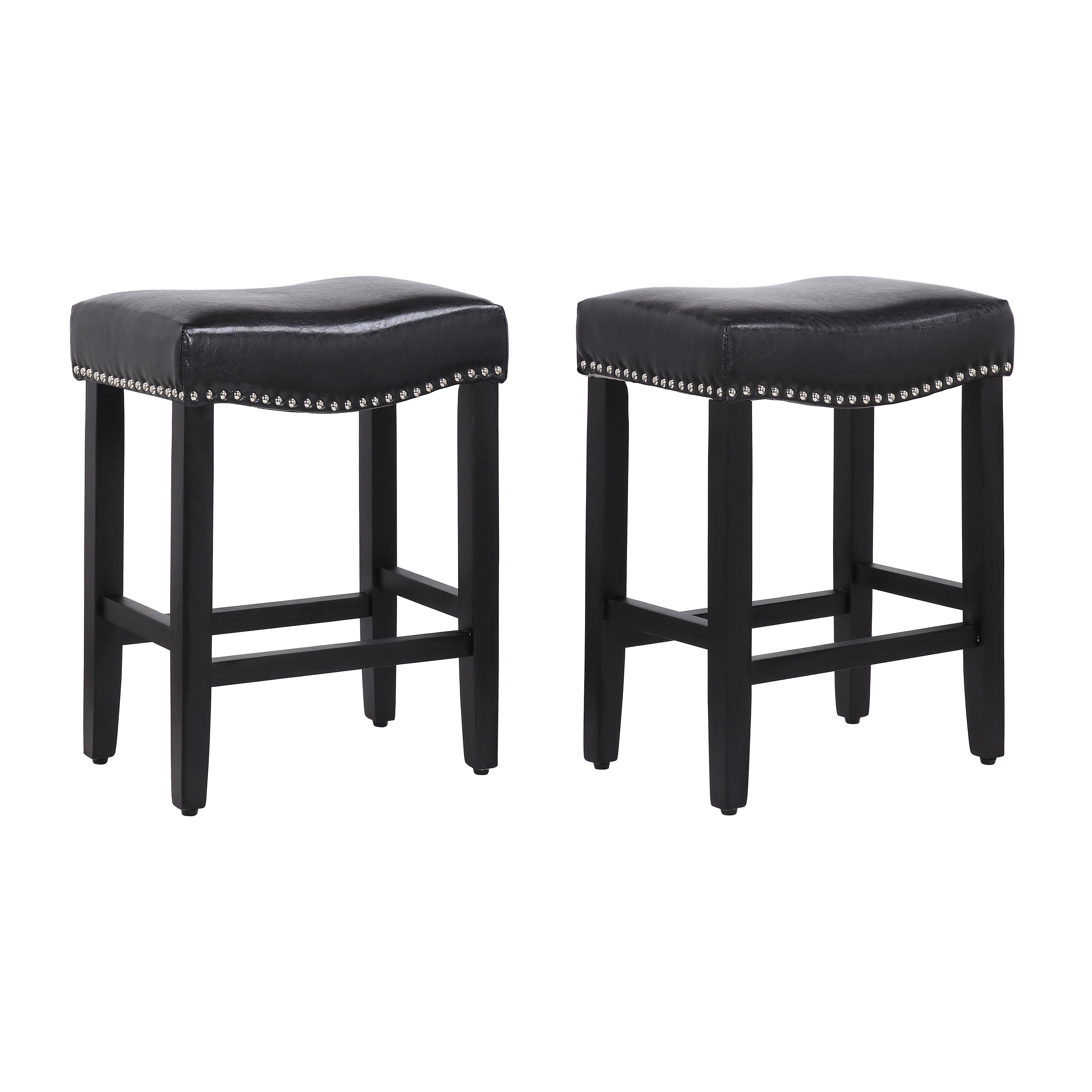 Polytrends Jameson Upholstered Polyester Black 24 Inch Counter Stool (Set Of 2) Black/Black Wood Rubberwood Footrest Leather Glam