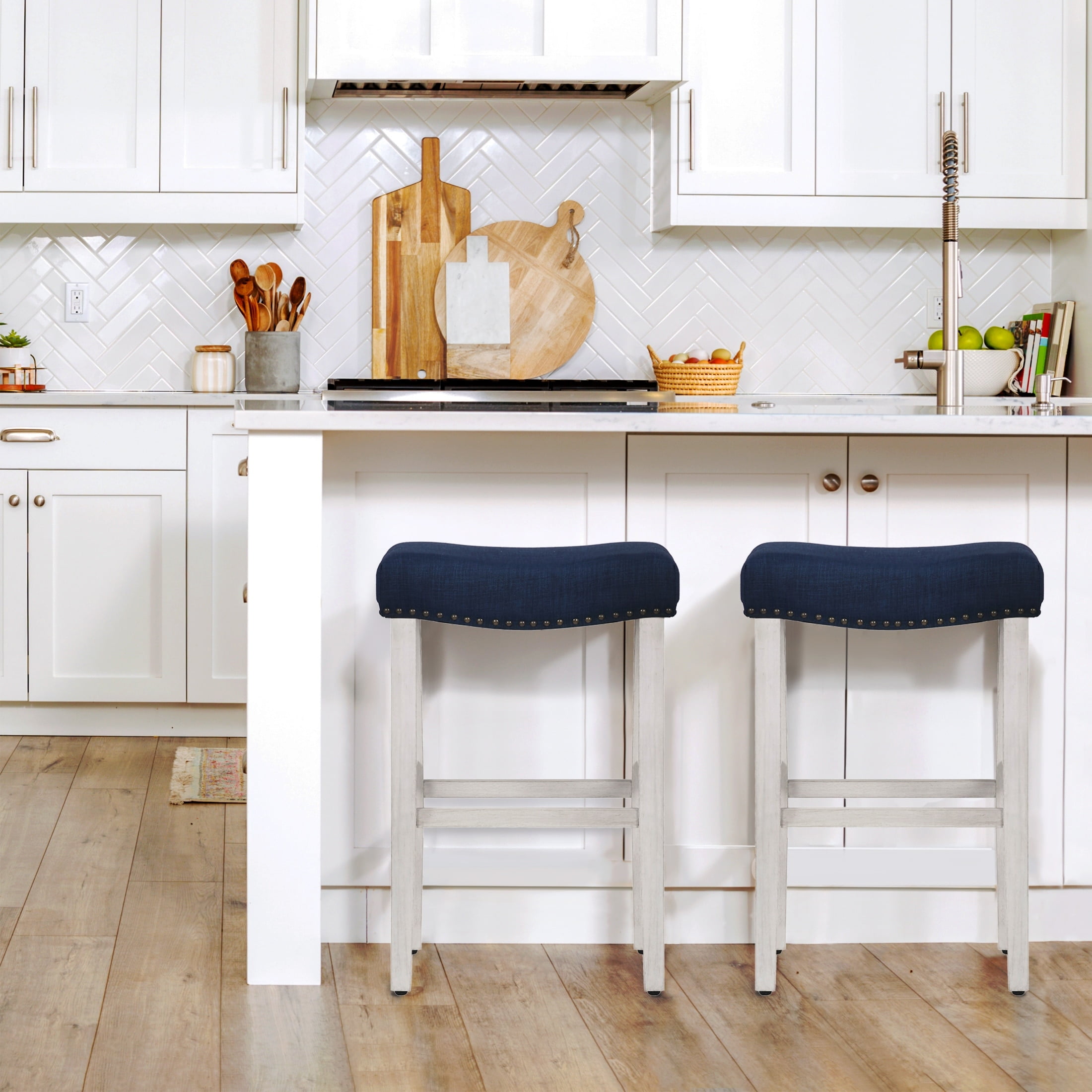 Polytrends Jameson Upholstered Polyester 29" Bar Stool with White Legs - (Set of 2) Antique White/Navy Blue