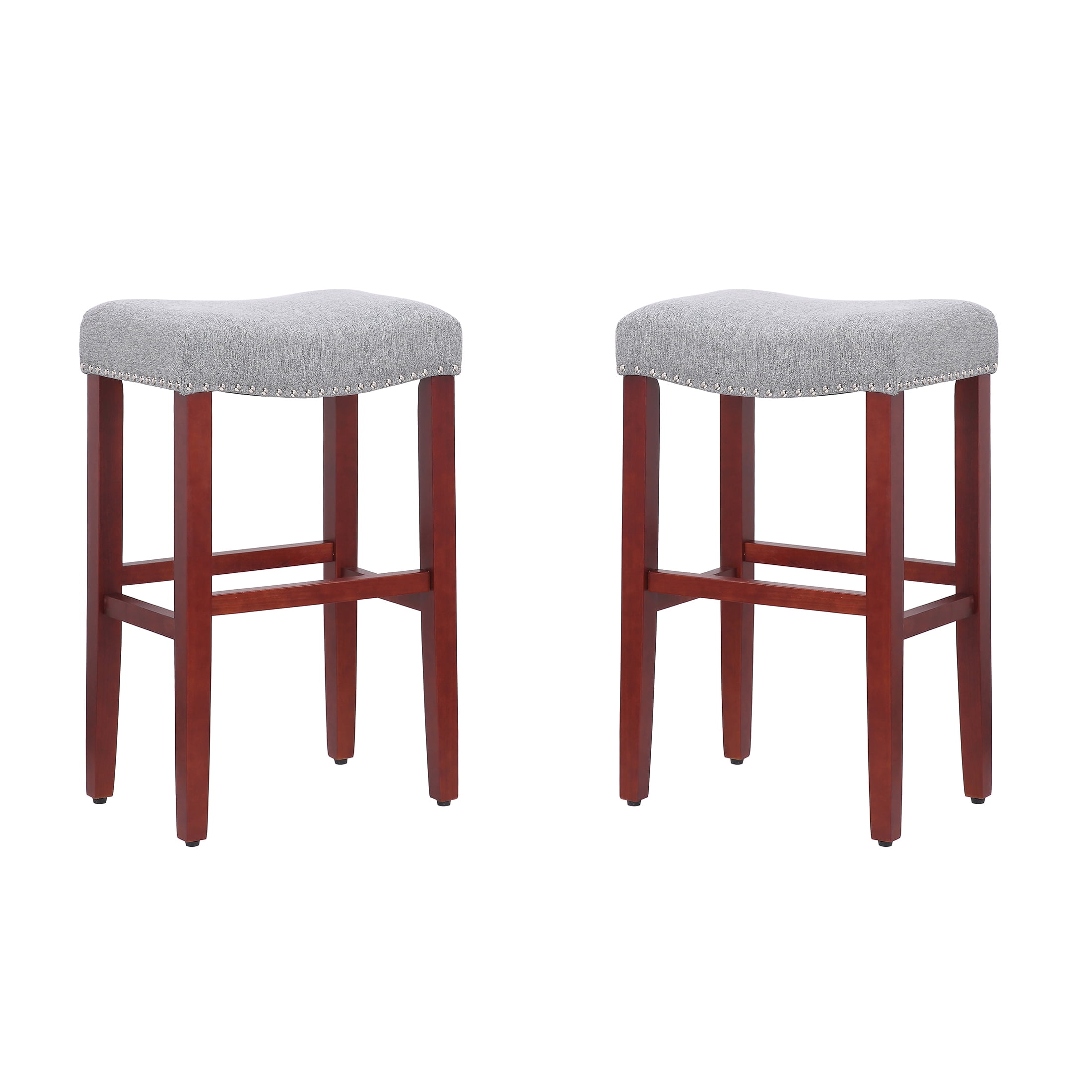 Polytrends Jameson Upholstered Polyester 29" Bar Stool with Cherry Legs - (Set of 2) Cherry/Gray
