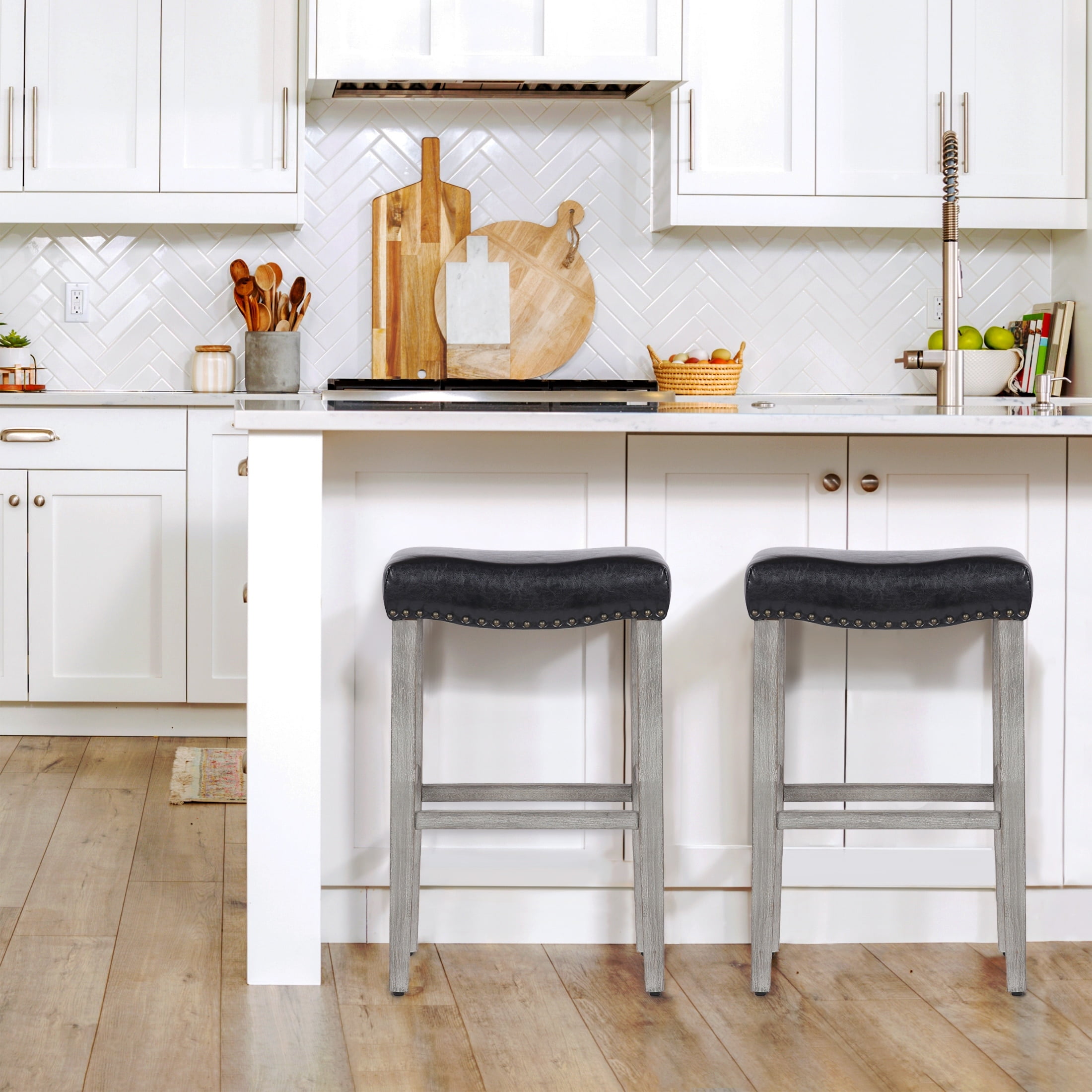 Polytrends Jameson Upholstered Polyester 29" Bar Stool - Saddle Seat (Set of 2) Gray Legs Leather