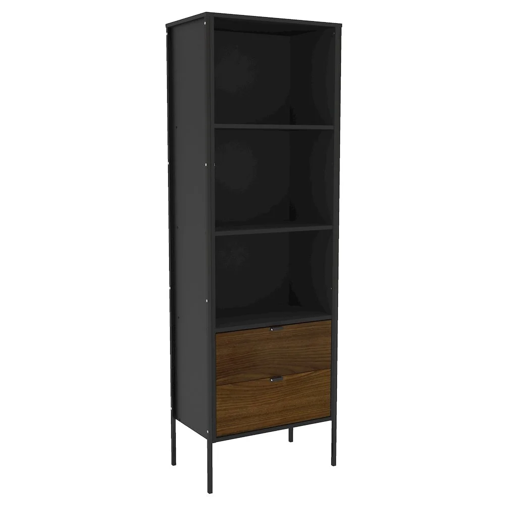 Polifurniture Mallorca 71 in. Modern Bookcase with 3 Shelves and 2 Drawers, Black & Walnut