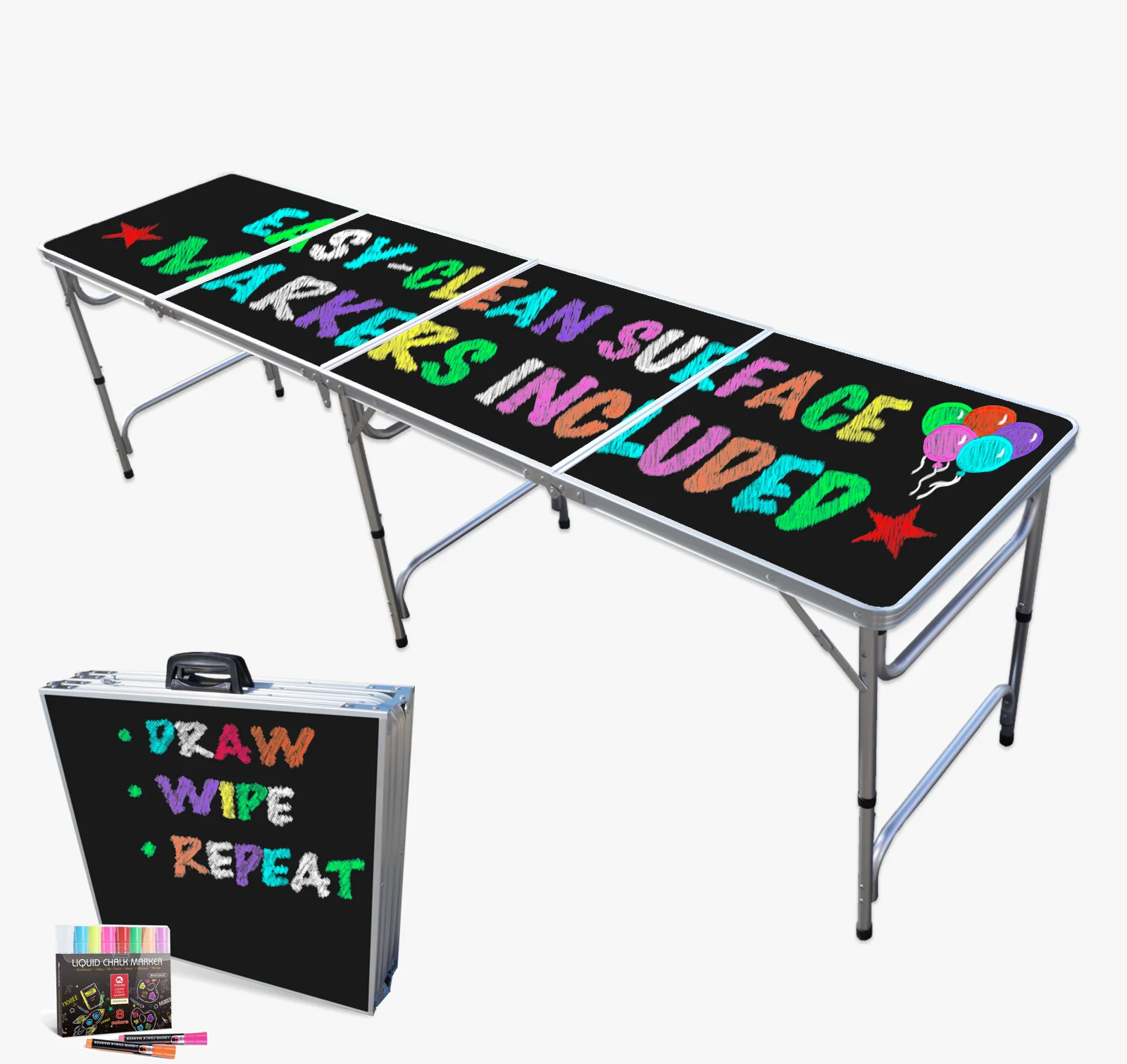 Portable Folding PartyPong Table with Dry Erase Surface and Markers (8 ft or 4 ft)