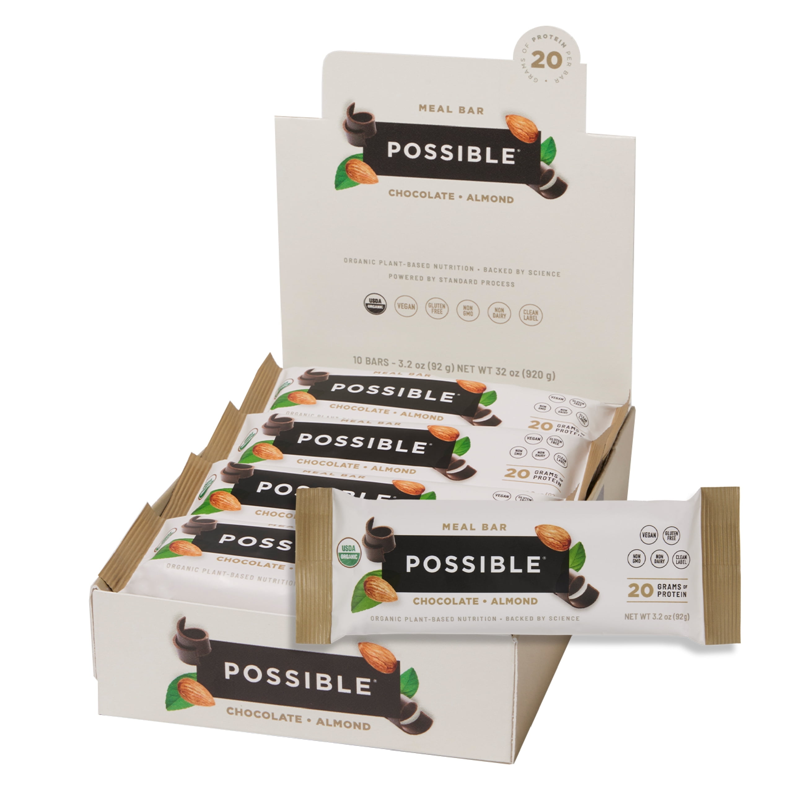 Possible Meal Bar - High Protein Energy Bars 20 Grams Organic Plant-Based Protein, Vegan, Gluten-Free, Non-Dairy - 1 Box, 10 Bars - Chocolate Almond