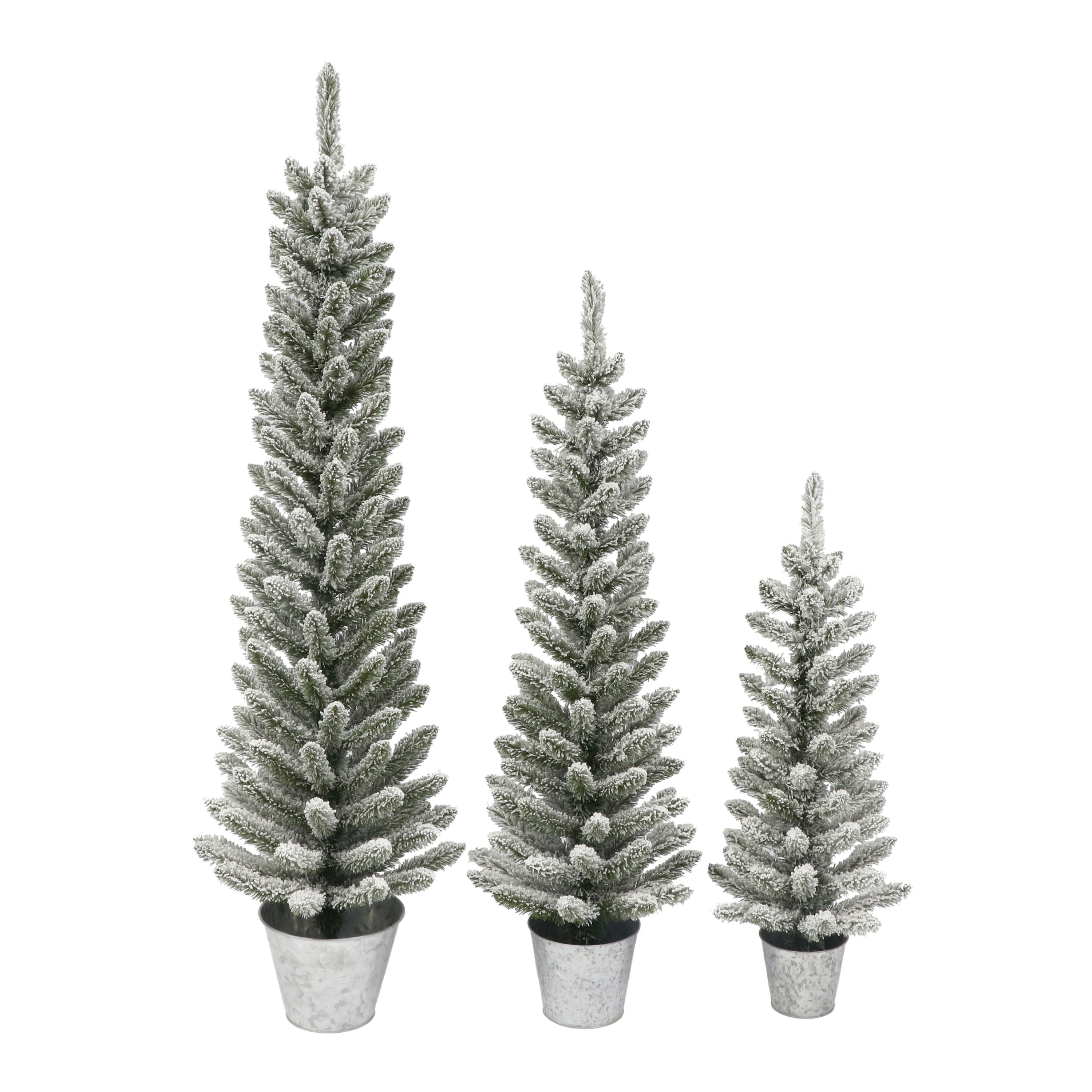 Potted Flocked Pencil Trees in 3ft, 4ft & 5ft sizes, 322 Tips, Galvanized Pots