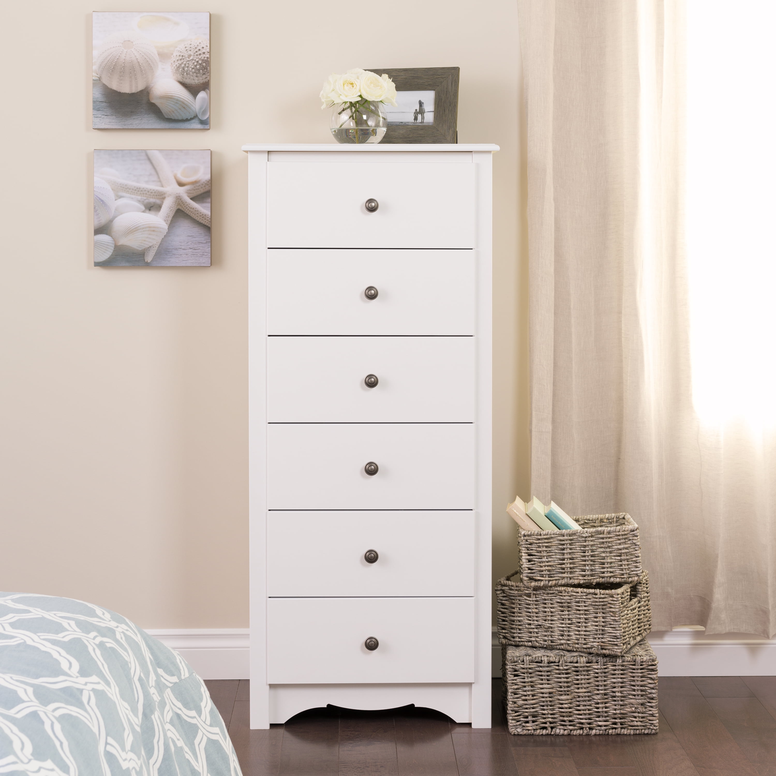 Prepac Monterey 6 Drawer Wooden Dresser Chest, 19" x 23.25" x 52.75", White