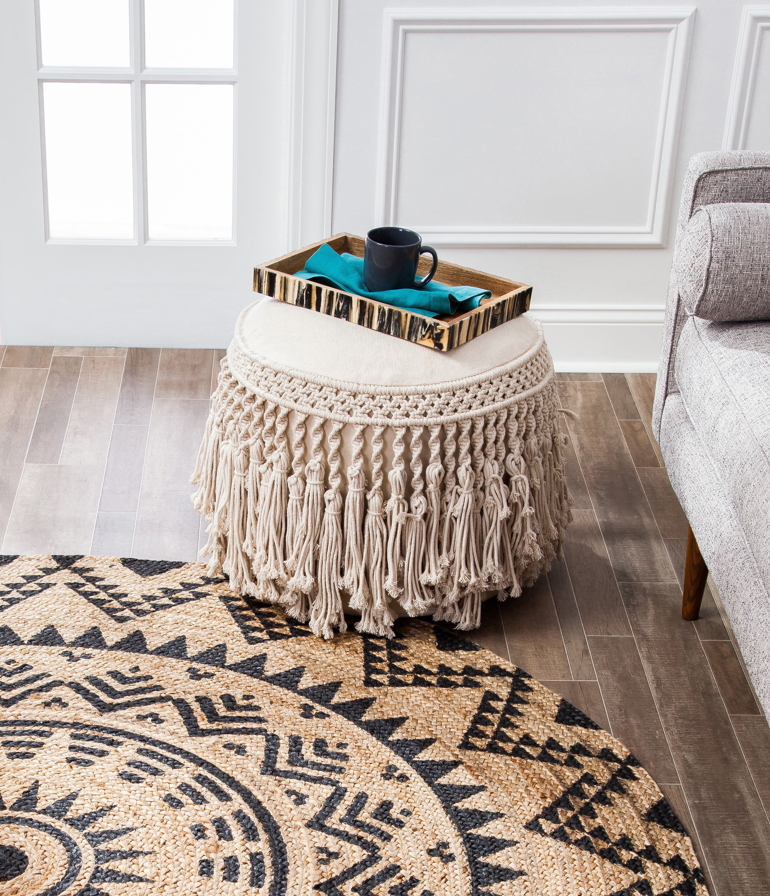 Pretty Bird 18" x 20" Ivory Macrame Pouf