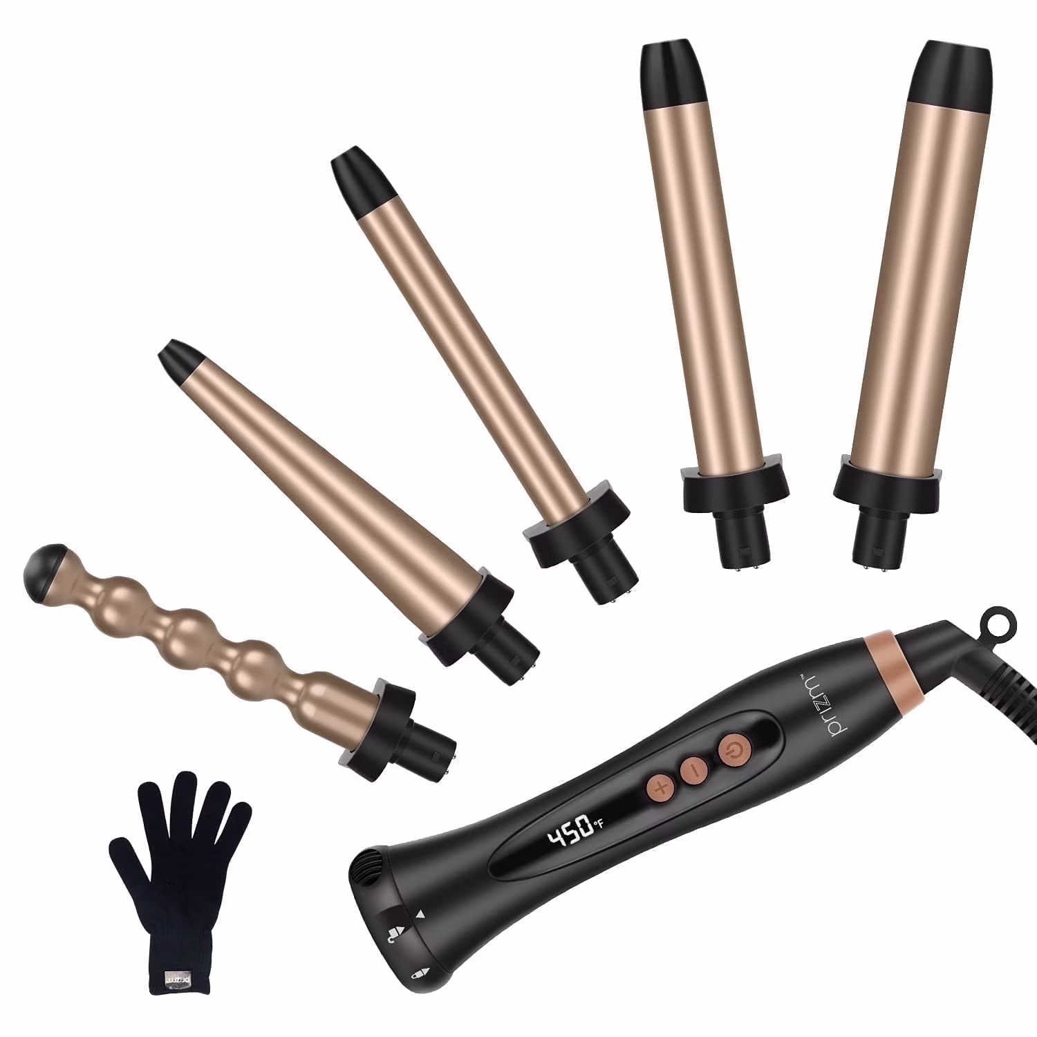 Prizm 5 in 1 Curling Wand Set, 11 Temp Settings Curling irons for hair, Interchangeable Tourmaline Ceramic Barrels Hair Wand, Brown