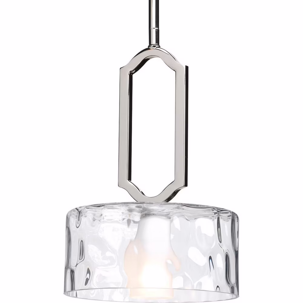 Progress Lighting Caress 1-Light Mini-Pendant, Porcelain, Polished Nickel, Clear Water Glass Shade