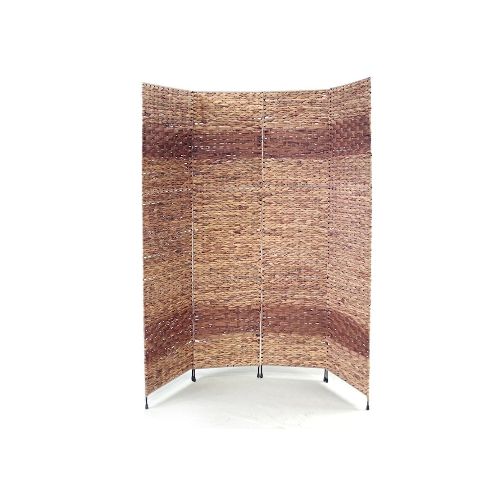 Proman Products Jakarta-B 4 Panel Folding Screen Room Divider Metal Frame with Water Hyacinth Inserts Natural Color with Espresso Bands