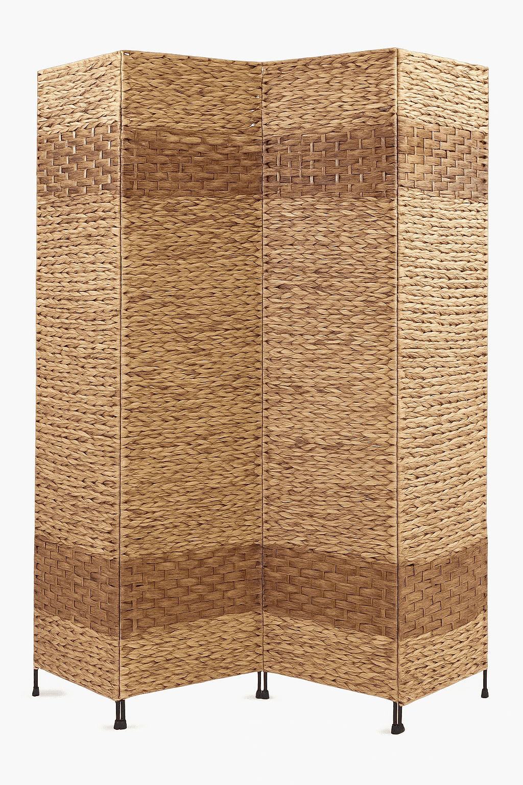 Proman Products Jakarta-B 4 Panel Folding Screen Room Divider Metal Frame with Water Hyacinth Inserts Natural Color with Espresso Bands