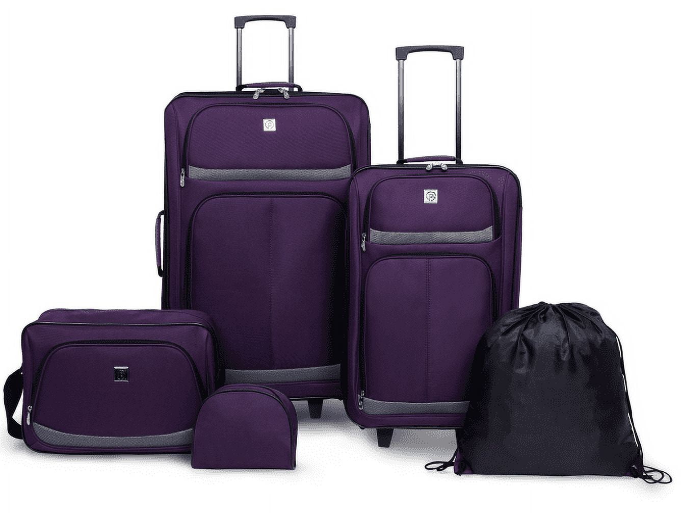 Protege 5 Piece Luggage Set, Includes Check, Carry-on Size, Tote, Toiletry Bag and Cinch Bag, Purple