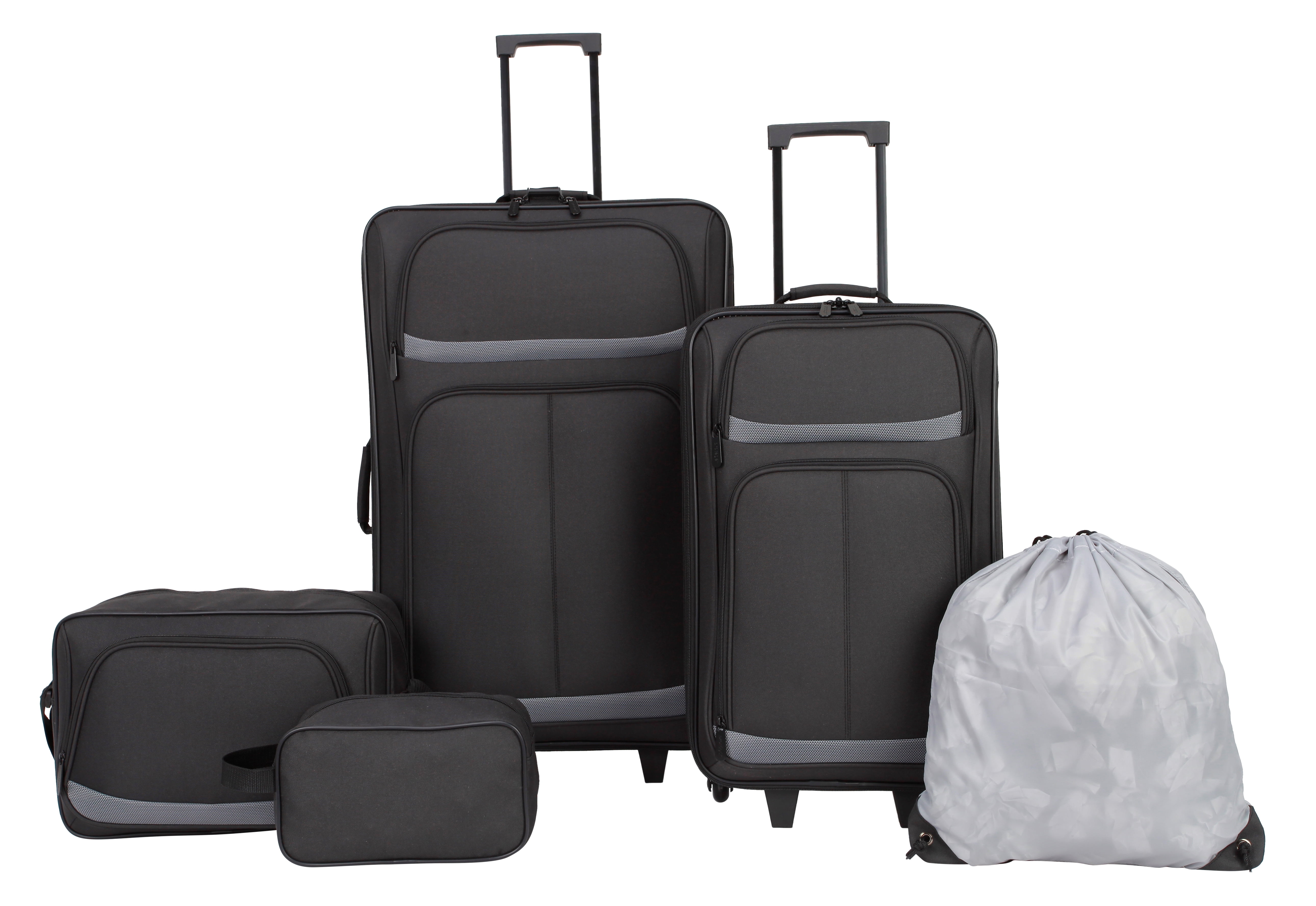 Protege 5 Piece 2-Wheel Luggage Set, 28 in Checked, 21" Carry-on, 13.75" Boarding Bag, 9" Toiletry Kit and Matching Laundry Cinch Sack, All Ages, Black