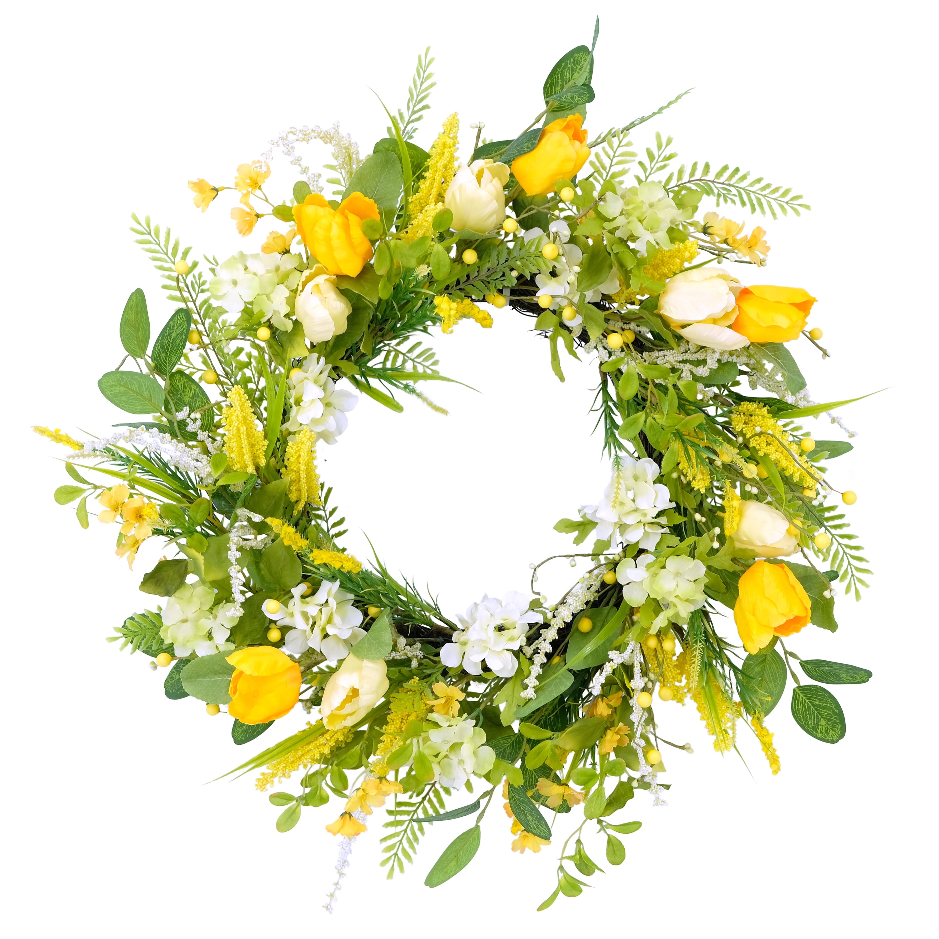 Puleo International 24" Artificial Tulip Floral Spring Door Wreath, Green/Yellow