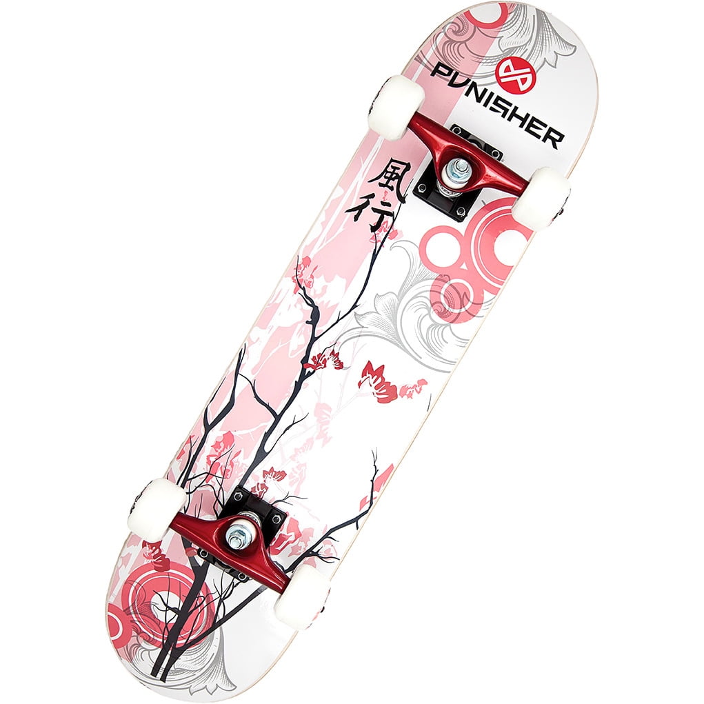 Punisher Complete Skateboard for Beginners 31 Inch Maple Double Kick Deck Cherry Blossom Design