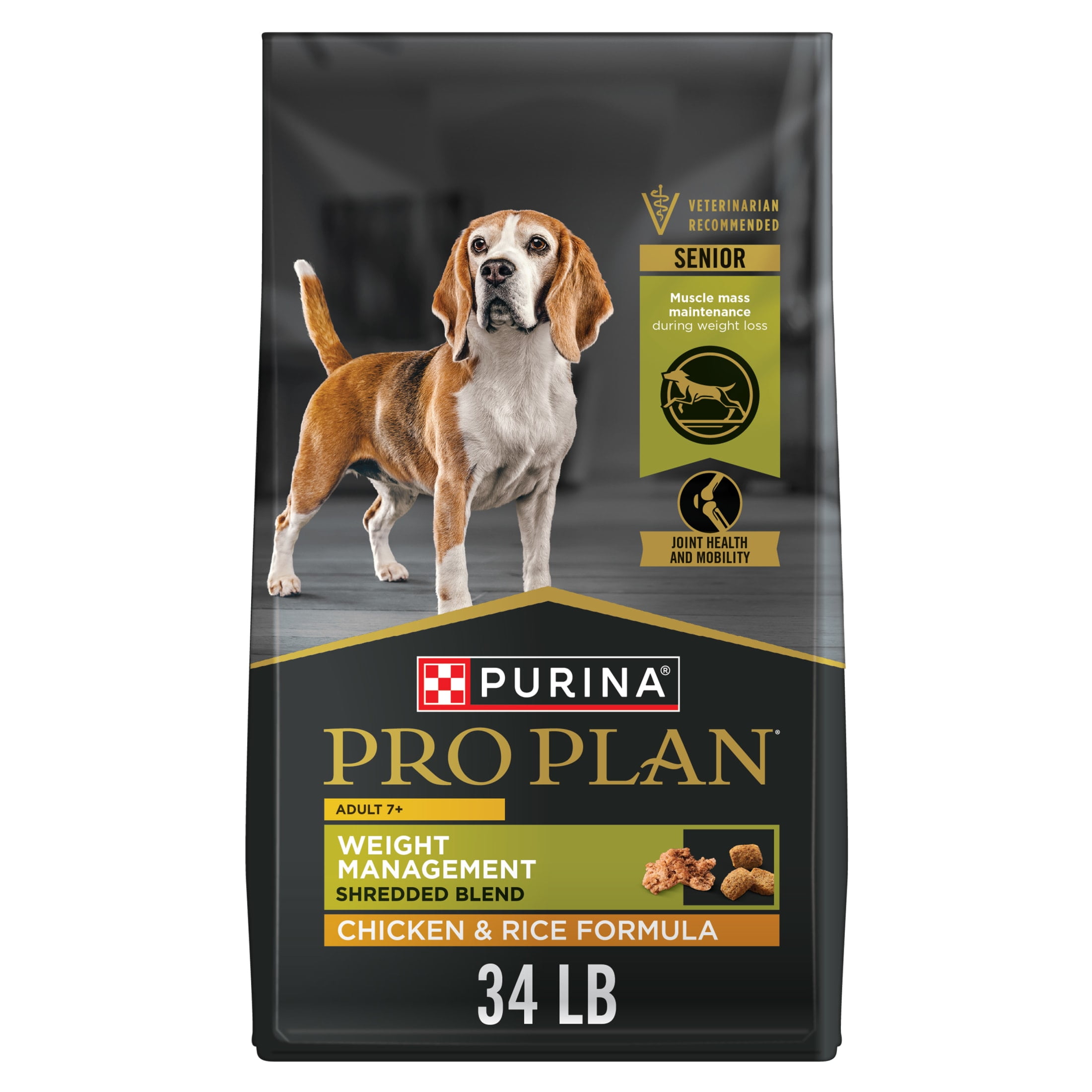Purina Pro Plan Adult 7 Plus Weight Management Shredded Blend Chicken and Rice Formula Dog Food Senior Formula, 34 lb Bag