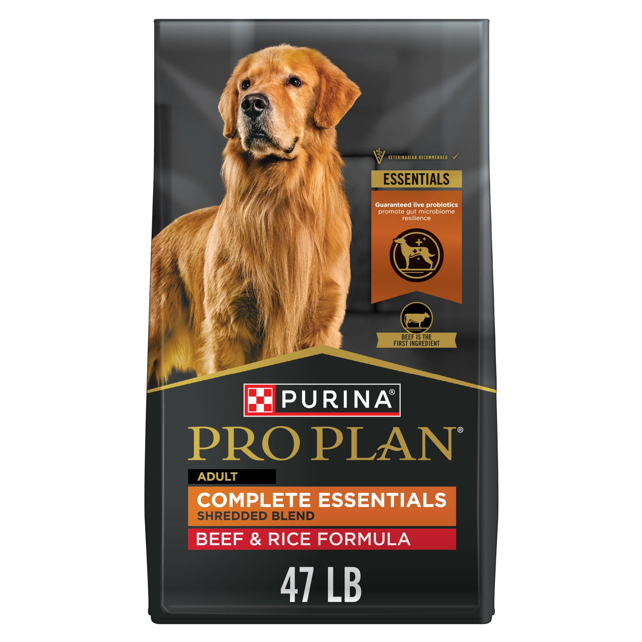Purina Pro Plan Complete Essentials Shredded Blend Beef and Rice Dry Dog Food Formula with Probiotics for Dogs, 47 lb Bag
