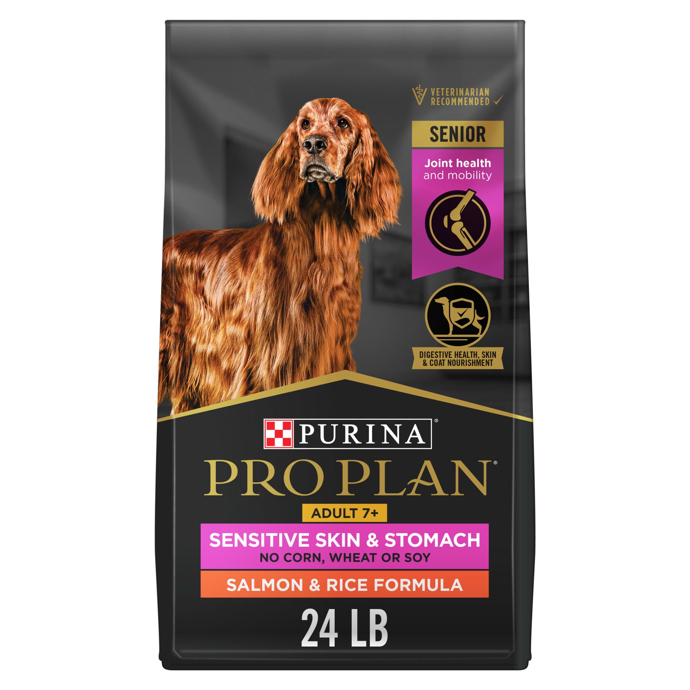 Purina Pro Plan Sensitive Skin and Sensitive Stomach Dog Food Senior Dogs Adult 7 Plus Salmon and Rice Formula, 24 lb Bag