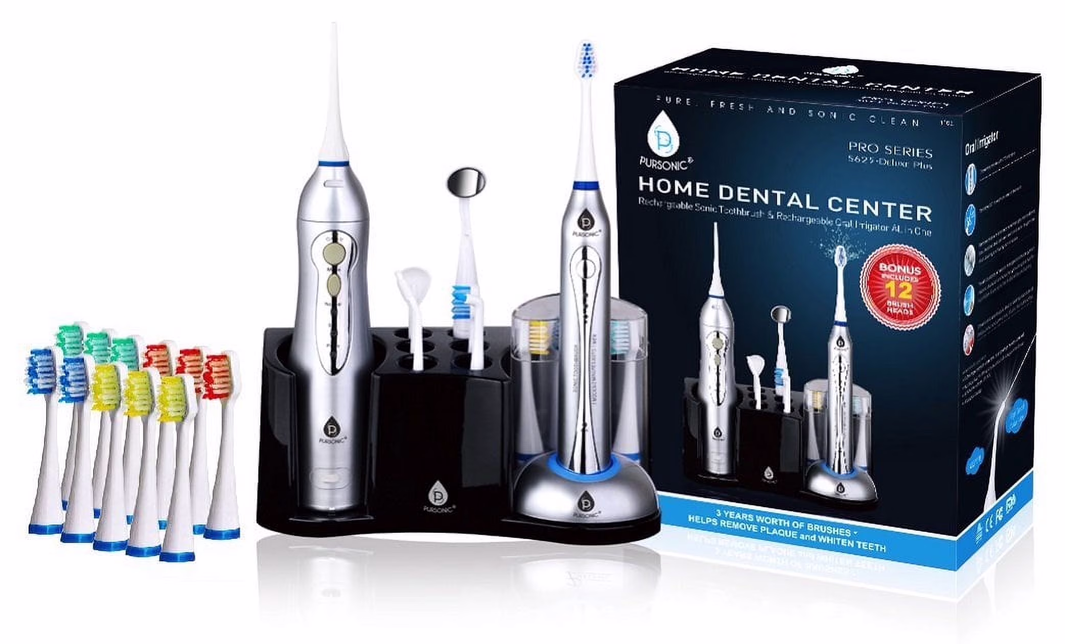 Pursonic Rechargeable Sonic Toothbrush and Rechargeable Water Flosser with 12 Brush Heads