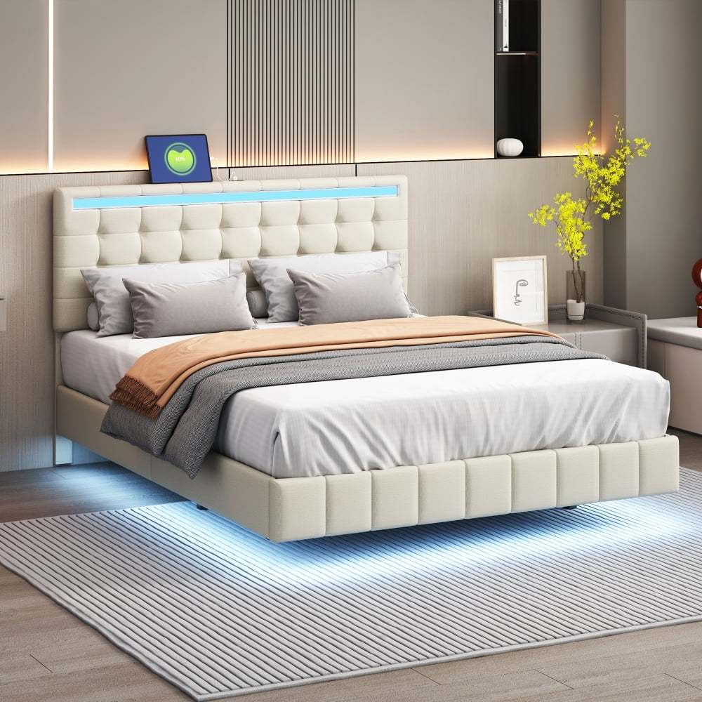 Queen Size Floating Bed Frame with LED Lights and USB Charging Station, Modern Platform Bed with Headboard,Wood Slats Support,No Box Spring Needed,Beige+Linen