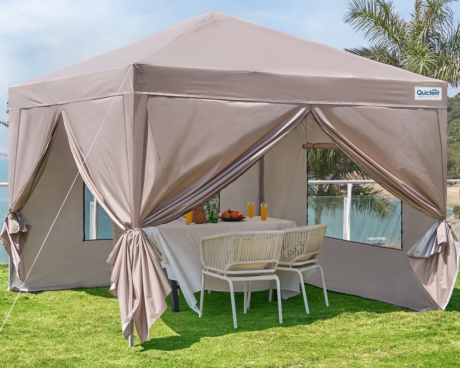 Quictent Privacy 10'x10’Pop up Canopy Tent with Sidewalls Enclosed Instant Gazebo Shelter Waterproof (Beige)