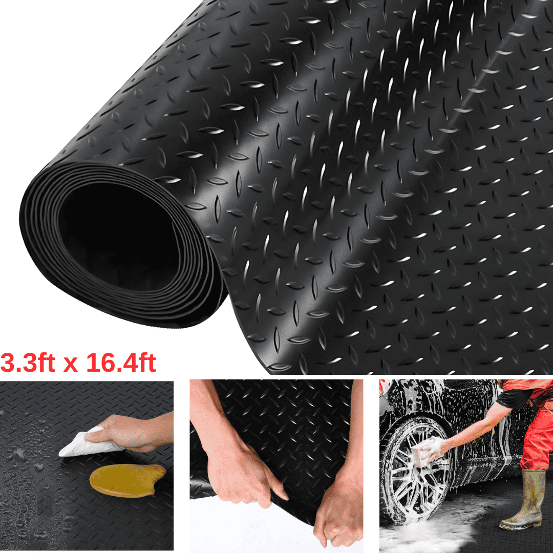 Qunbio Garage Floor Mat, 16.4 x 3.3 Ft Rubber Flooring Rolls with Diamond-Plate Design, Anti-Slip Garage Mats for Gym Warehouse Basement Trunk