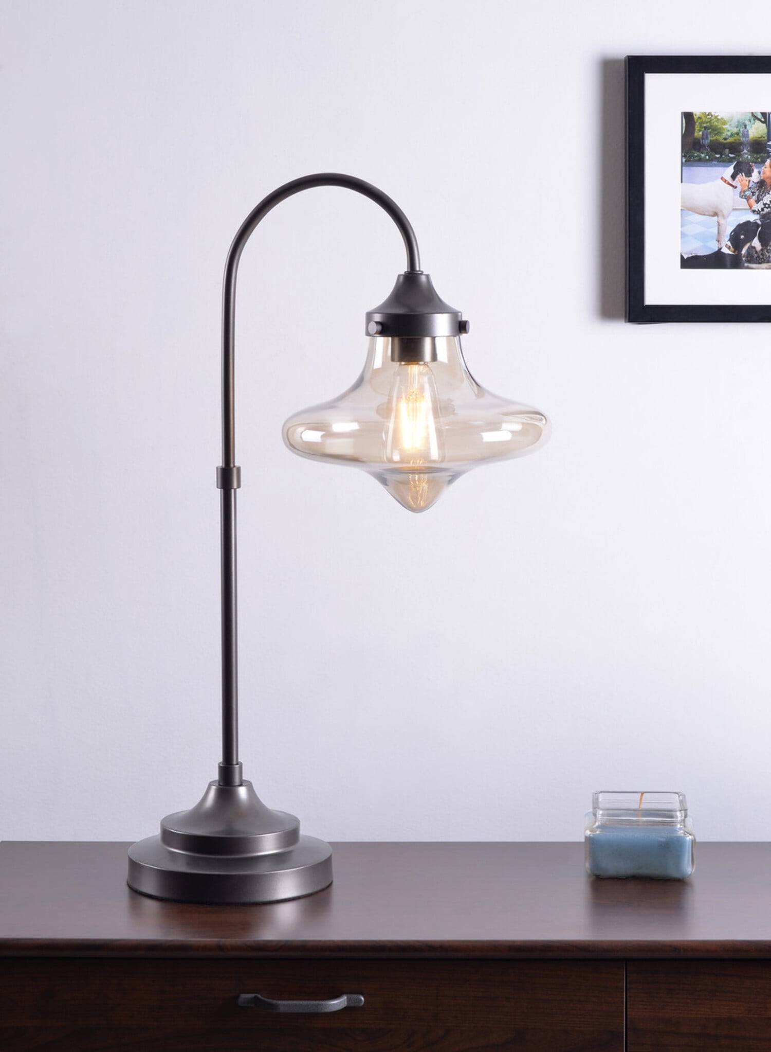 Kenroy Home Rain Drop 26.5'' LED Table Lamp with Tan Glass Novelty Shade Transitional Table Light Fixture for Living Room, Bedroom, or Office, 2700K, Warm Bronze