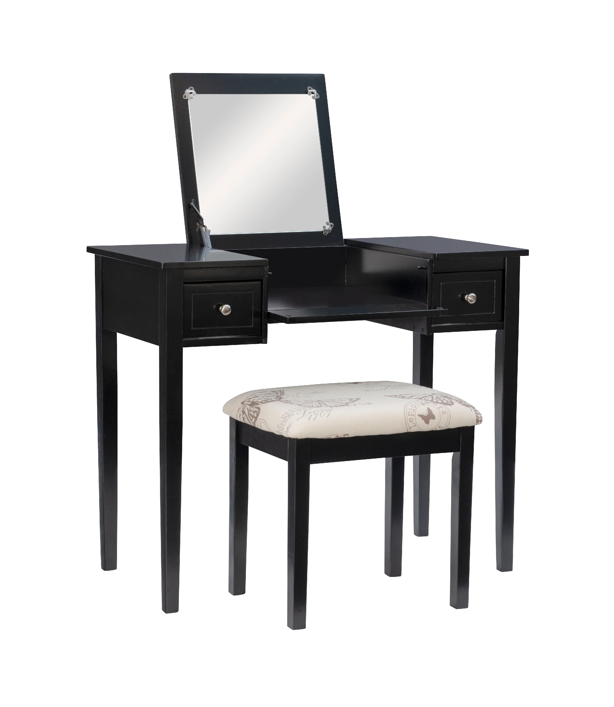 Ramsey Black Flip-Top Mirror Vanity and Butterfly Upholstered Stool Set
