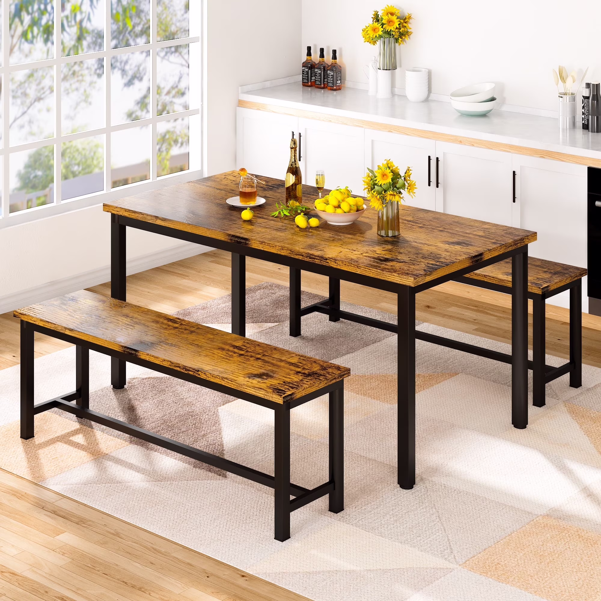 Recaceik Farmhouse Dining Table Set for 4, Small Kitchen Table Set with 2 Benches for Apartment Dining Room, Brown