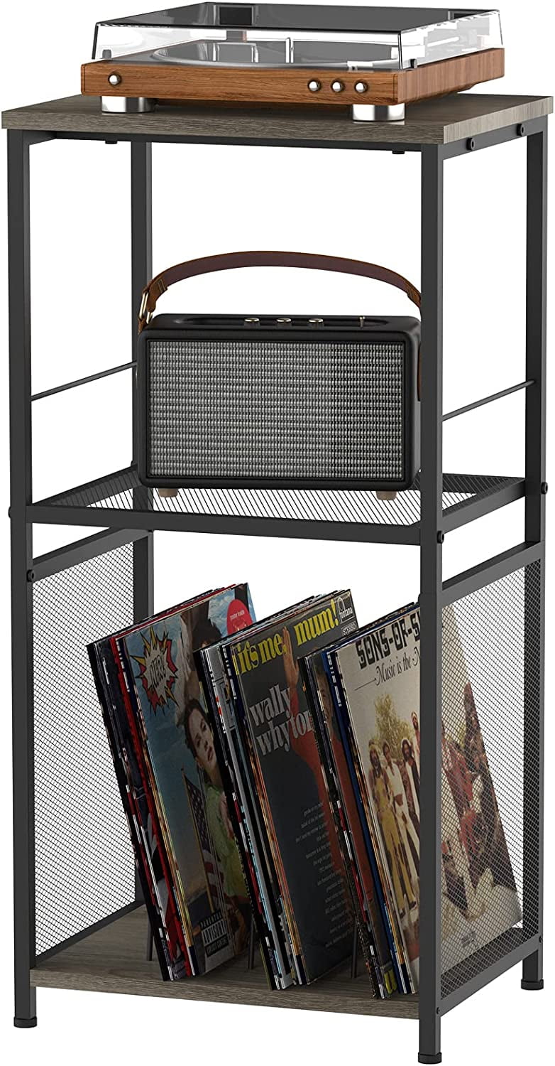 Record Player Stand with Vinyl Record Storage, 3-Tier Gray End Table
