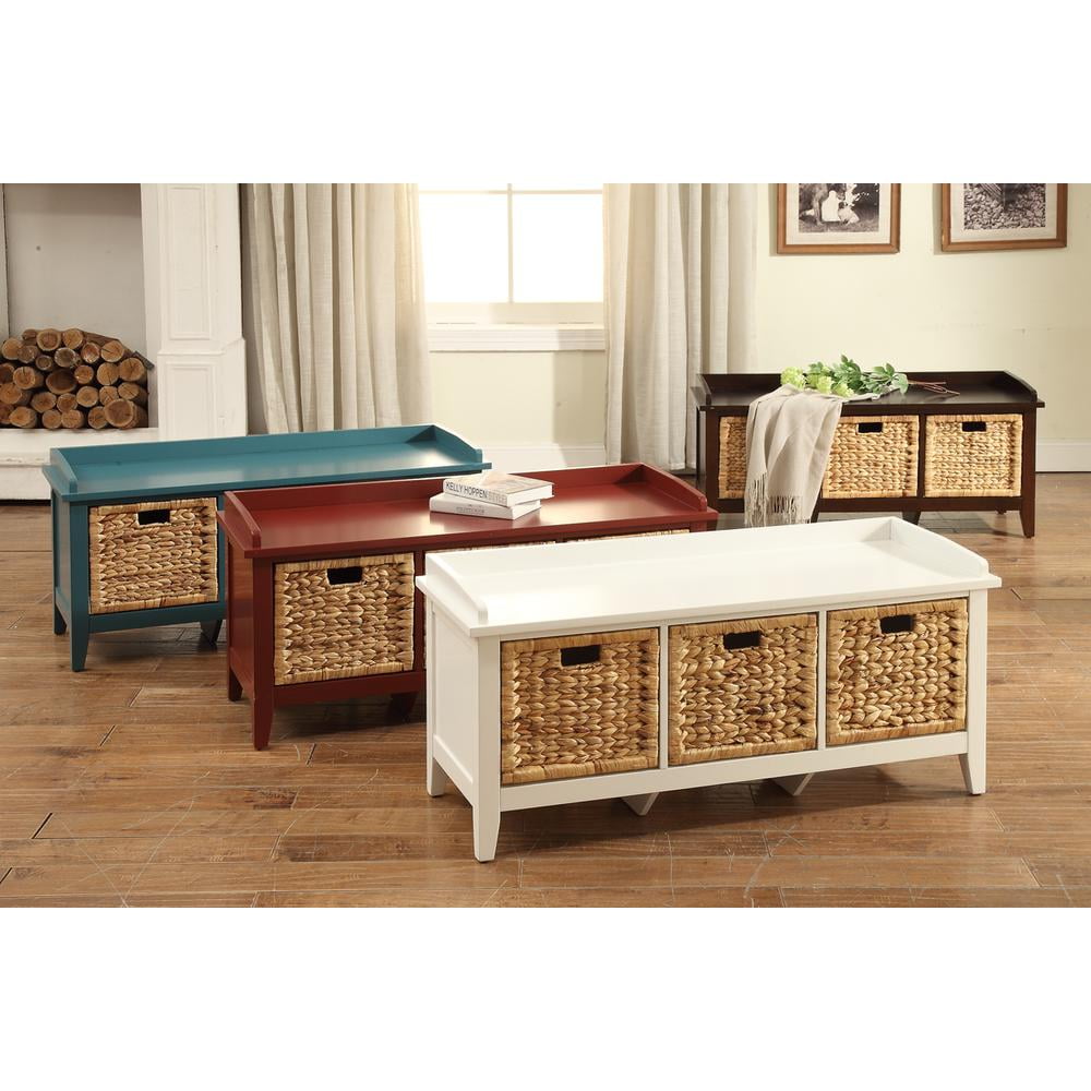 Rectangular Wooden Bench with Storage Basket, Blue- Saltoro Sherpi