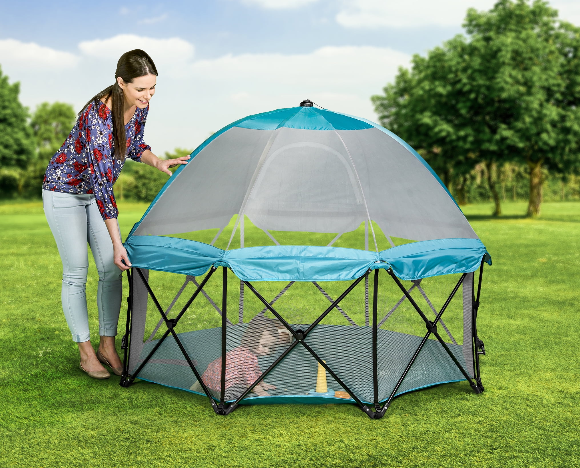 Regalo My Play 8 Panel Foldable and Portable Play Yard with Full UV Canopy, Teal