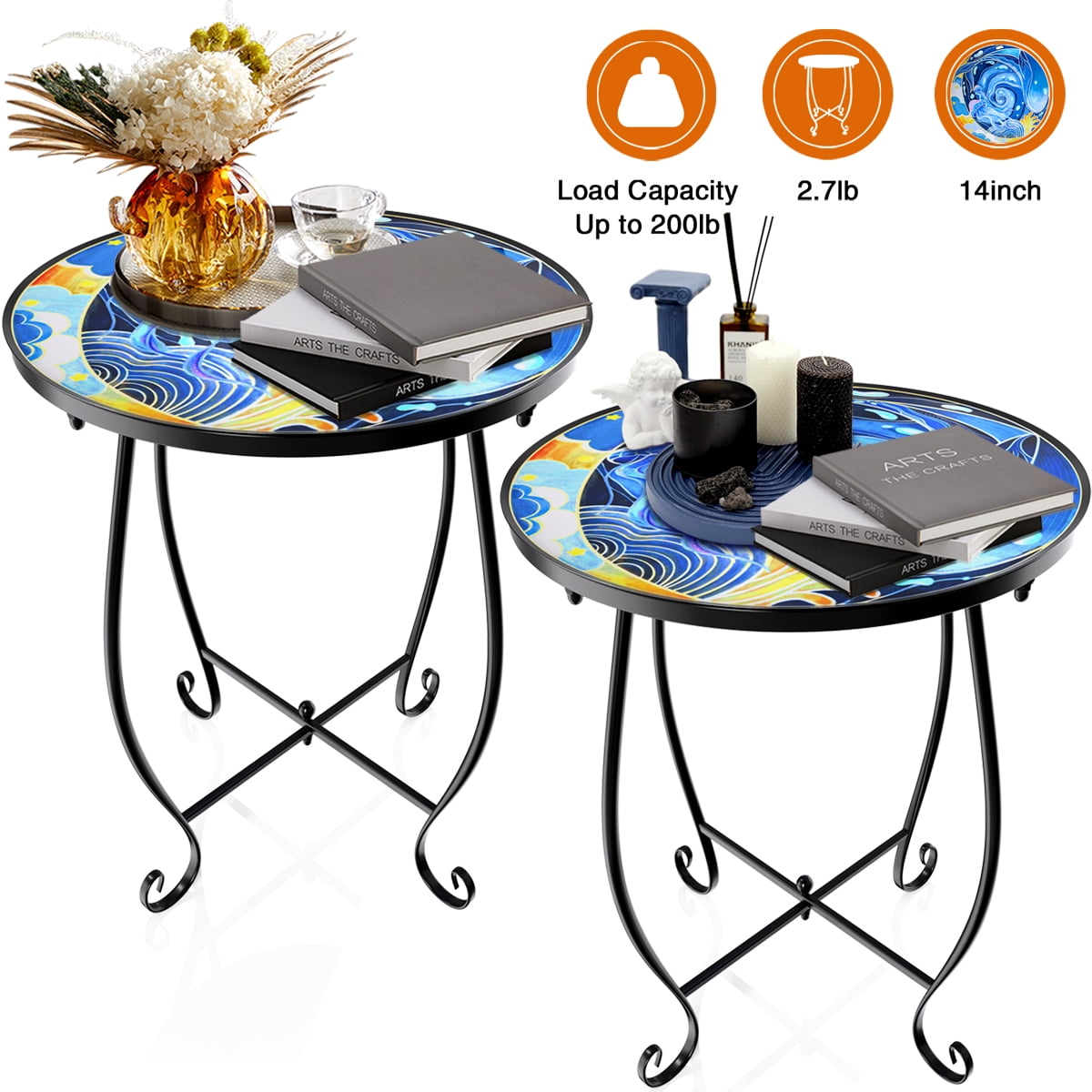 Rekopi 2 Pack Outdoor Mosaic Side Table, 17 Inch High Small Patio Outdoor Table, Indoor Folding Round Side Table for Bistro Balcony Garden