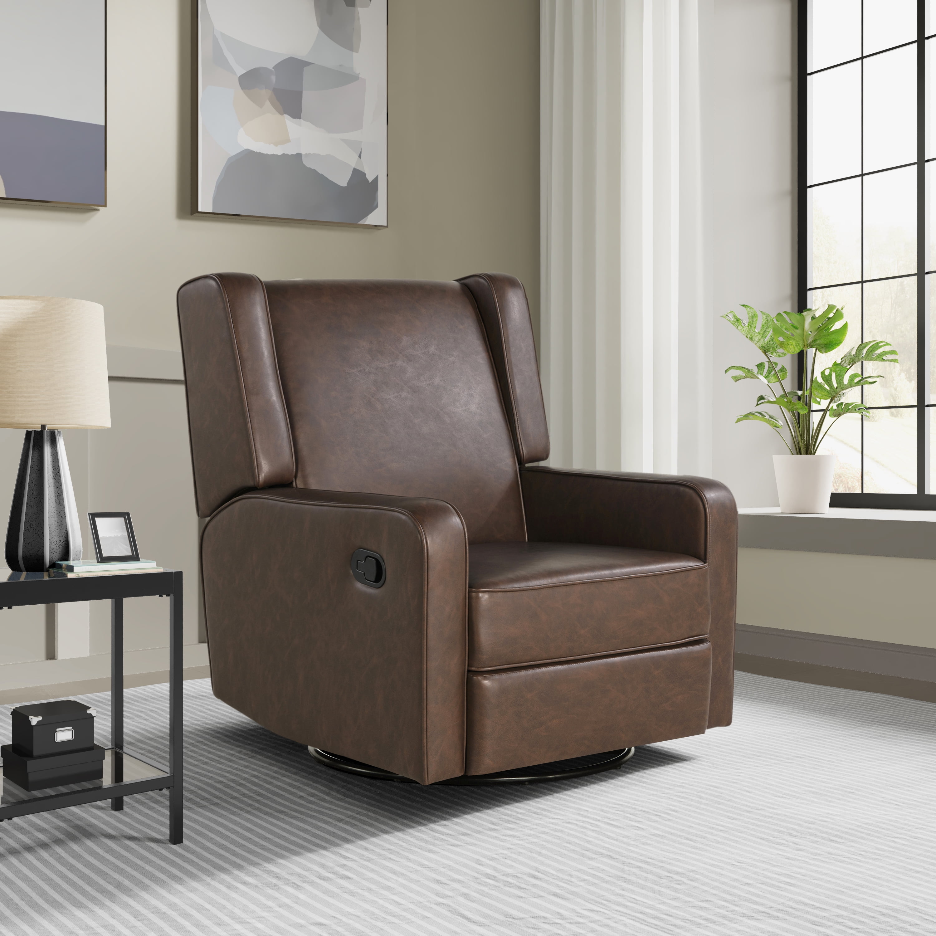 Relax A Lounger Easton Modern Swivel Recliner, Brown Faux Leather
