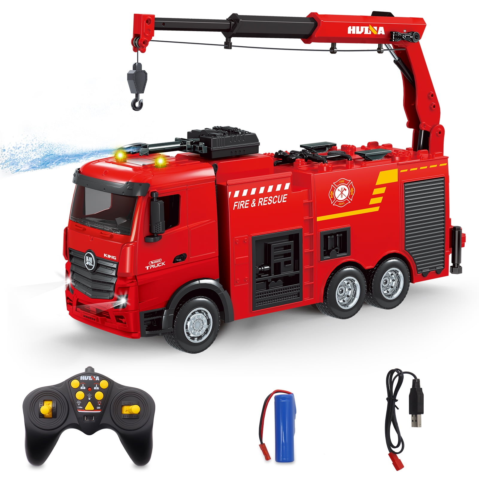 Remote Control Fire Truck, 9 Channel RC Rescue Firetruck with Water Spraying Pump and Lights Sounds, RC Crane RC Truck Toys for Kids Boys Gift
