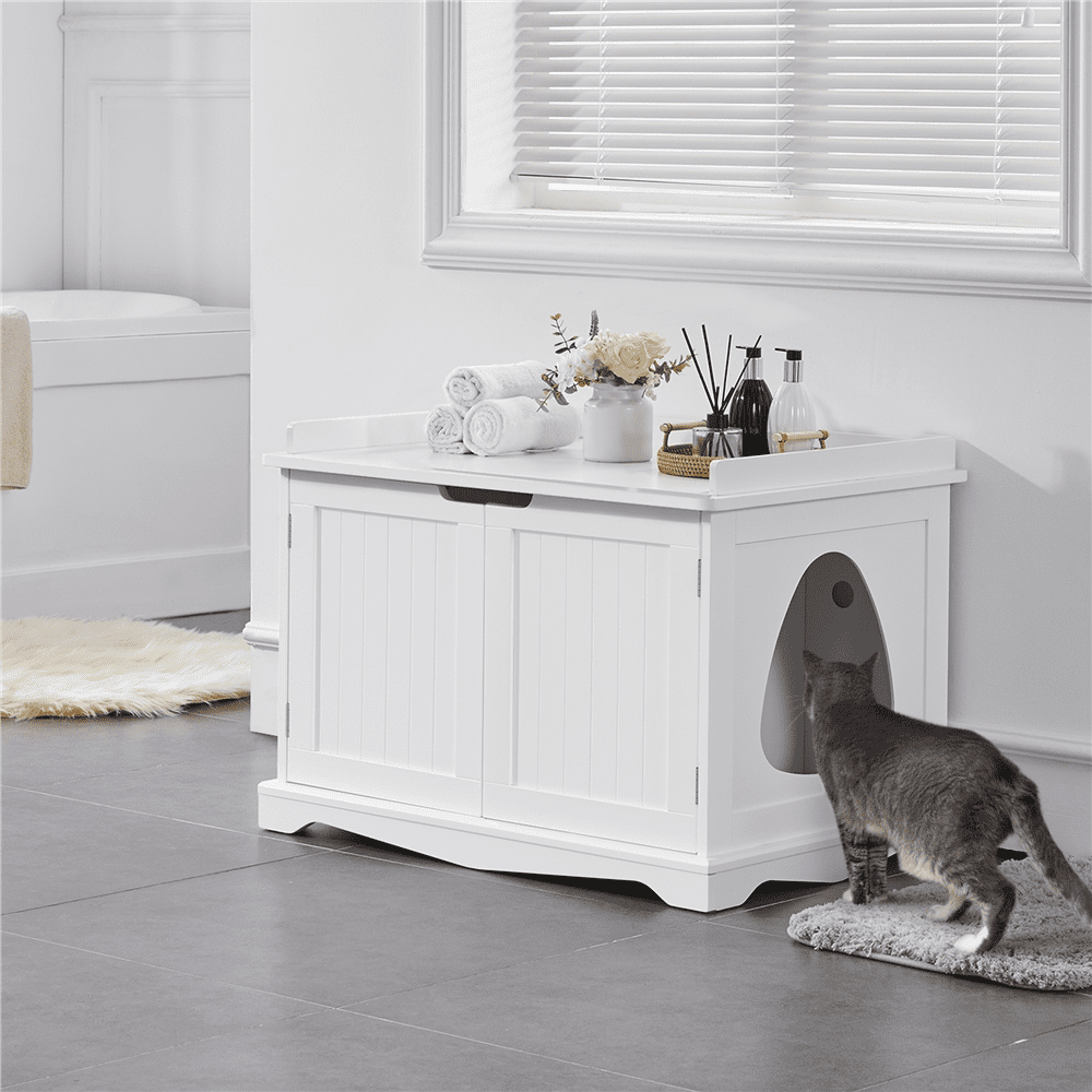 Renwick Wooden Cat Litter Box Furniture with Door, White