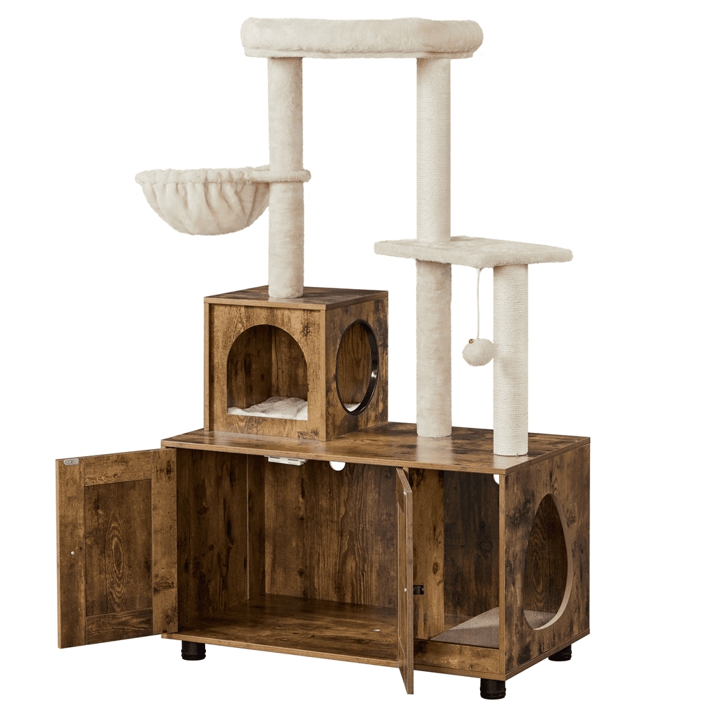 Renwick 53'' Wooden Litter Box Enclosure with Cat Tree Tower, Rustic Brown/Beige