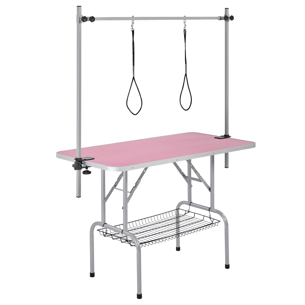 Renwick Foldable Pet Grooming Table with Basket, Noose & Arm For Dogs & Cats, Pink