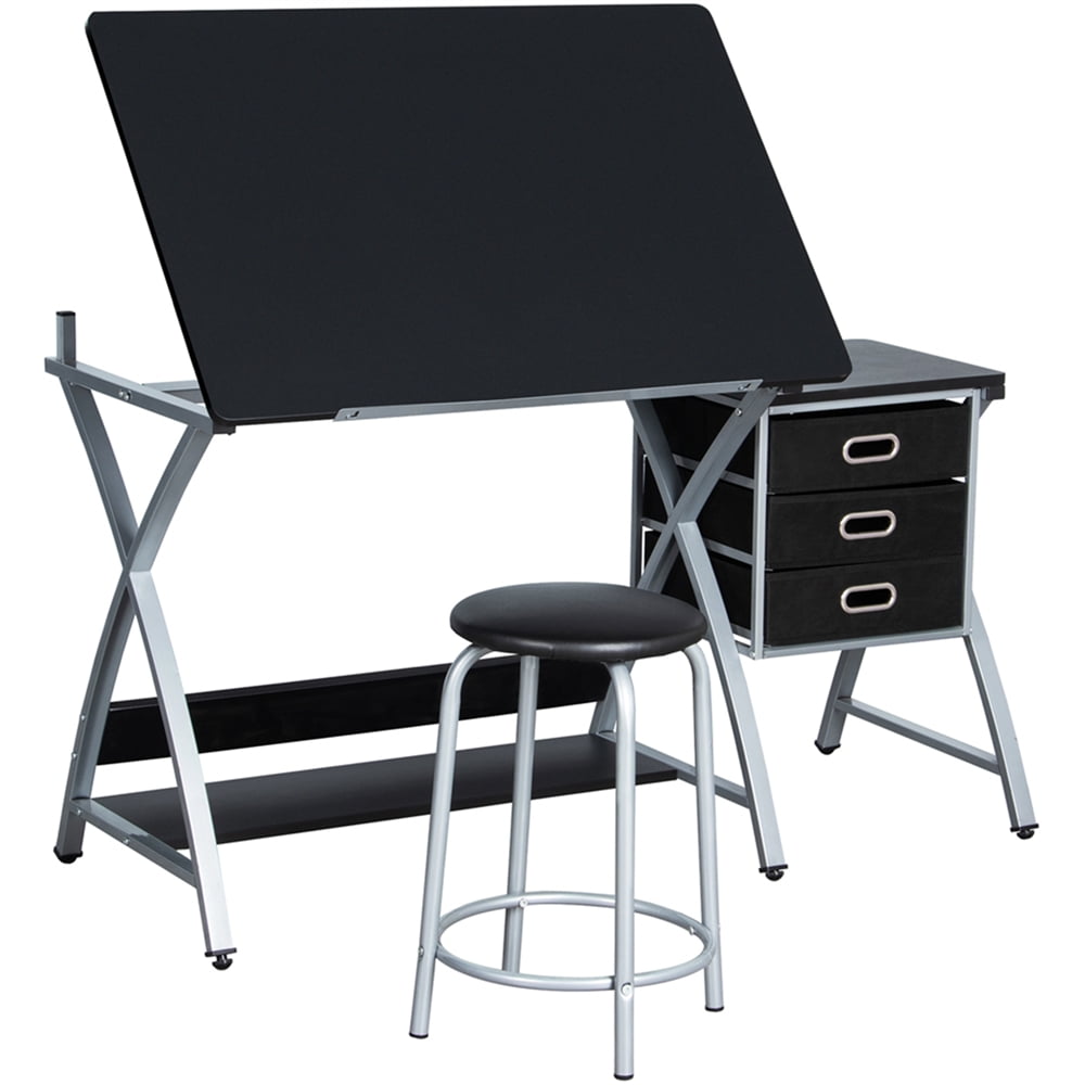 Renwick Folding and Adjustable Steel Drafting Table with Stool and Storage Drawers