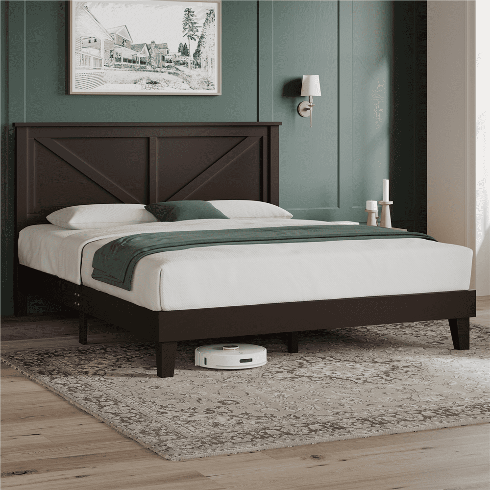 Renwick Queen Size Modern Farmhouse Platform Bed for Adults, Espresso
