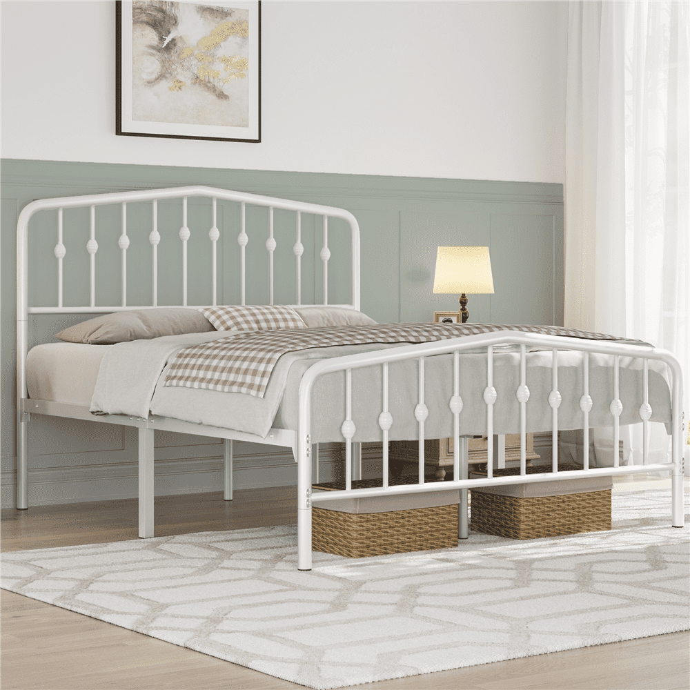 Renwick Modern Queen Size Metal Platform Bed with Arched Headboard and Footboar, White, Adult