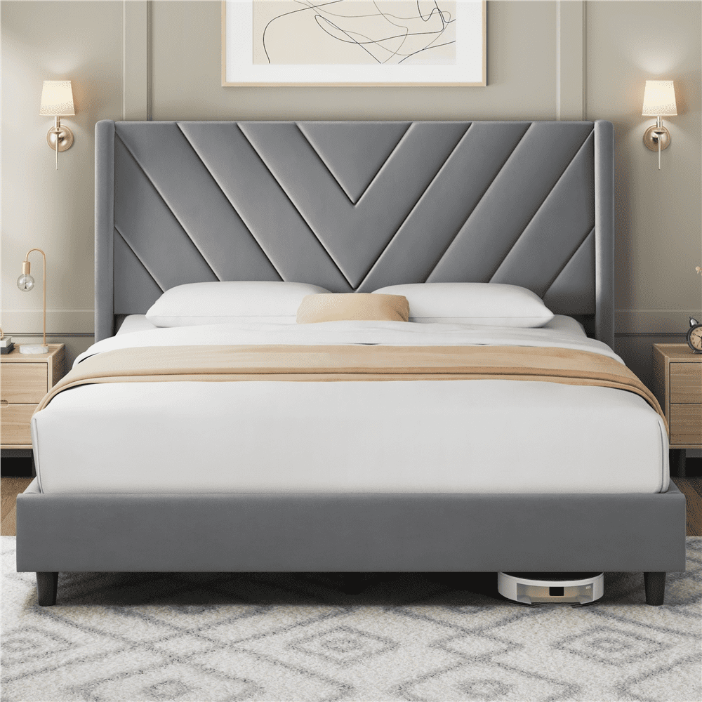 Renwick Queen Size Upholstered Platform Bed Frame with Tufted Headboard, Light Gray, Adult
