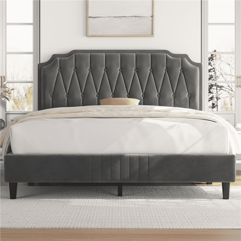 Renwick Upholstered Platform Queen Bed with Adjustable Headboard, Dark Gray