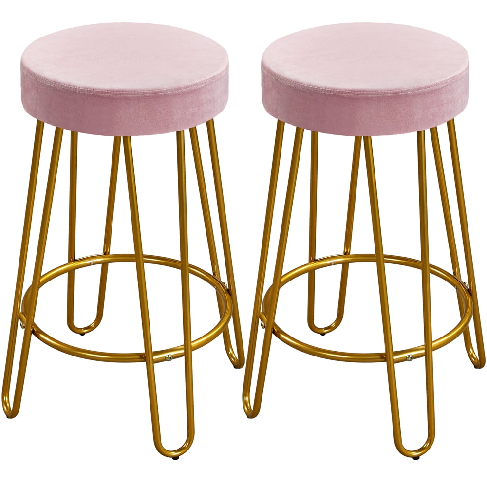 Renwick 2 Piece Counter Stools Velvet Bar Stools Round Backless Seat, Pink